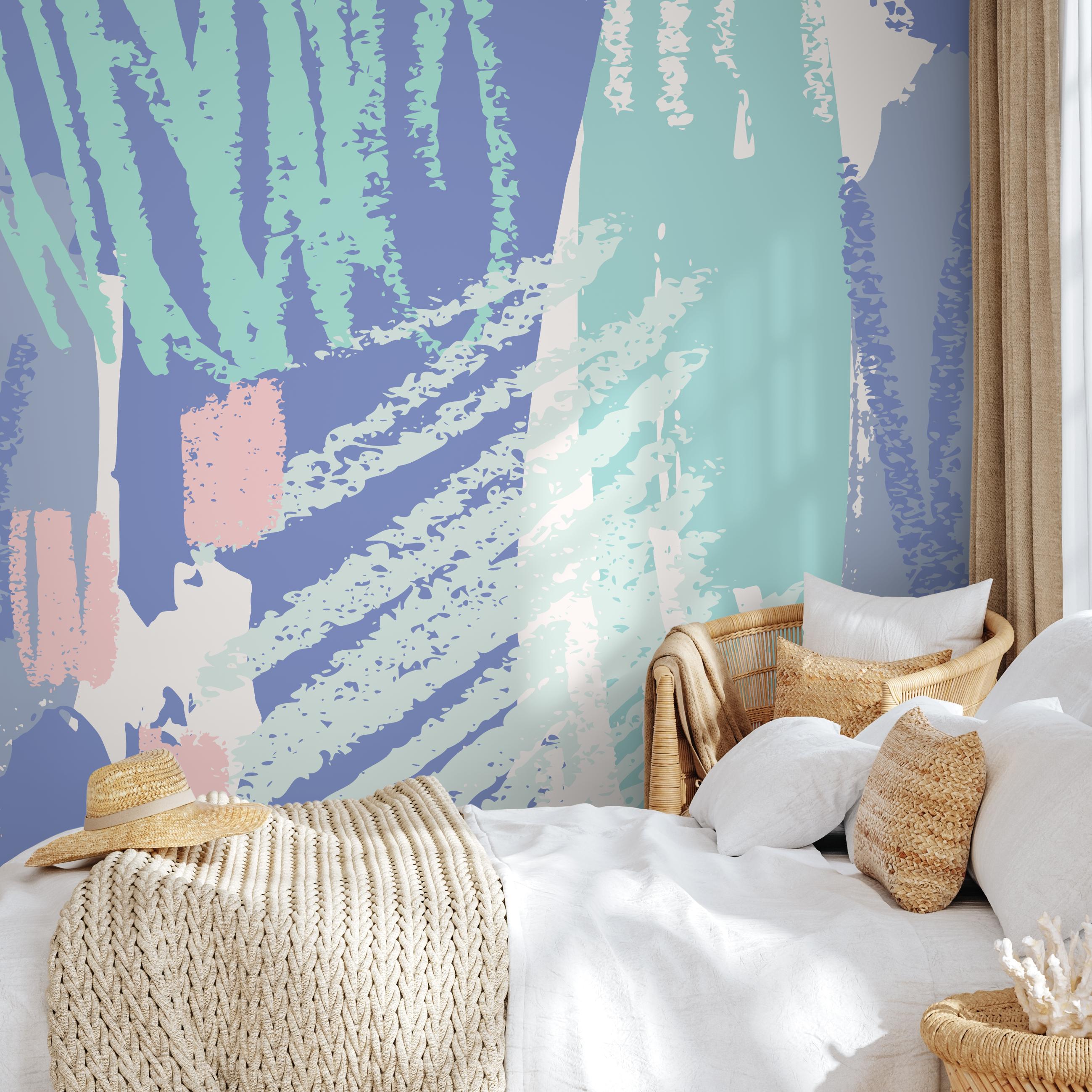 Abstract Wallpaper With Artistic Brushstrokes In Blue, Green, And Pink - B358