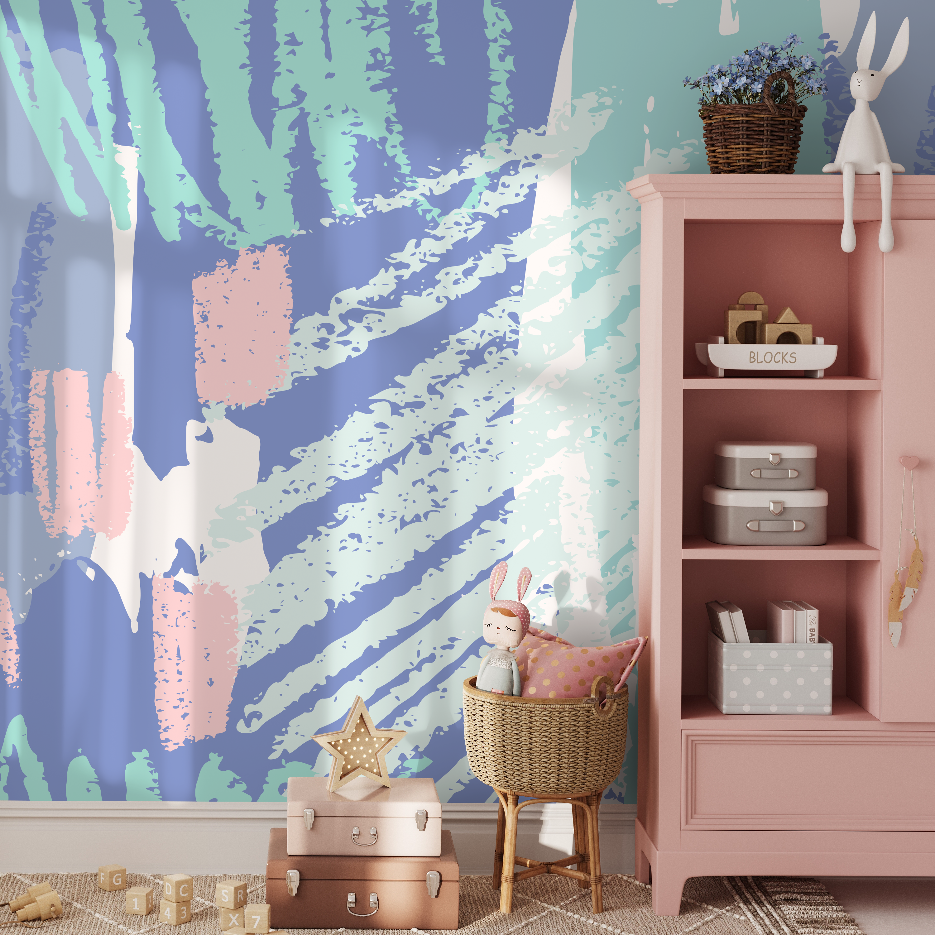 Abstract Wallpaper With Artistic Brushstrokes In Blue, Green, And Pink - B358