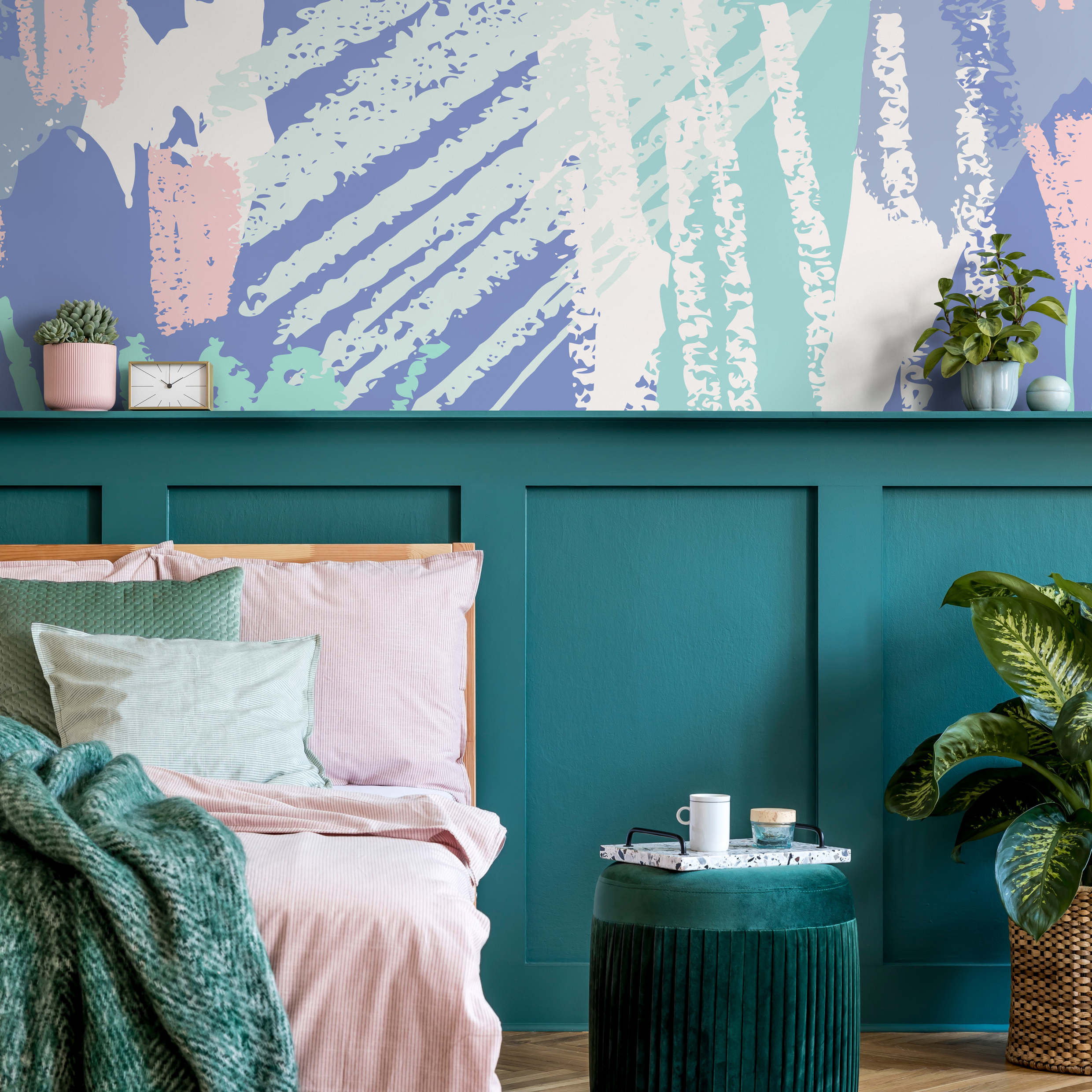 Abstract Wallpaper With Artistic Brushstrokes In Blue, Green, And Pink - B358