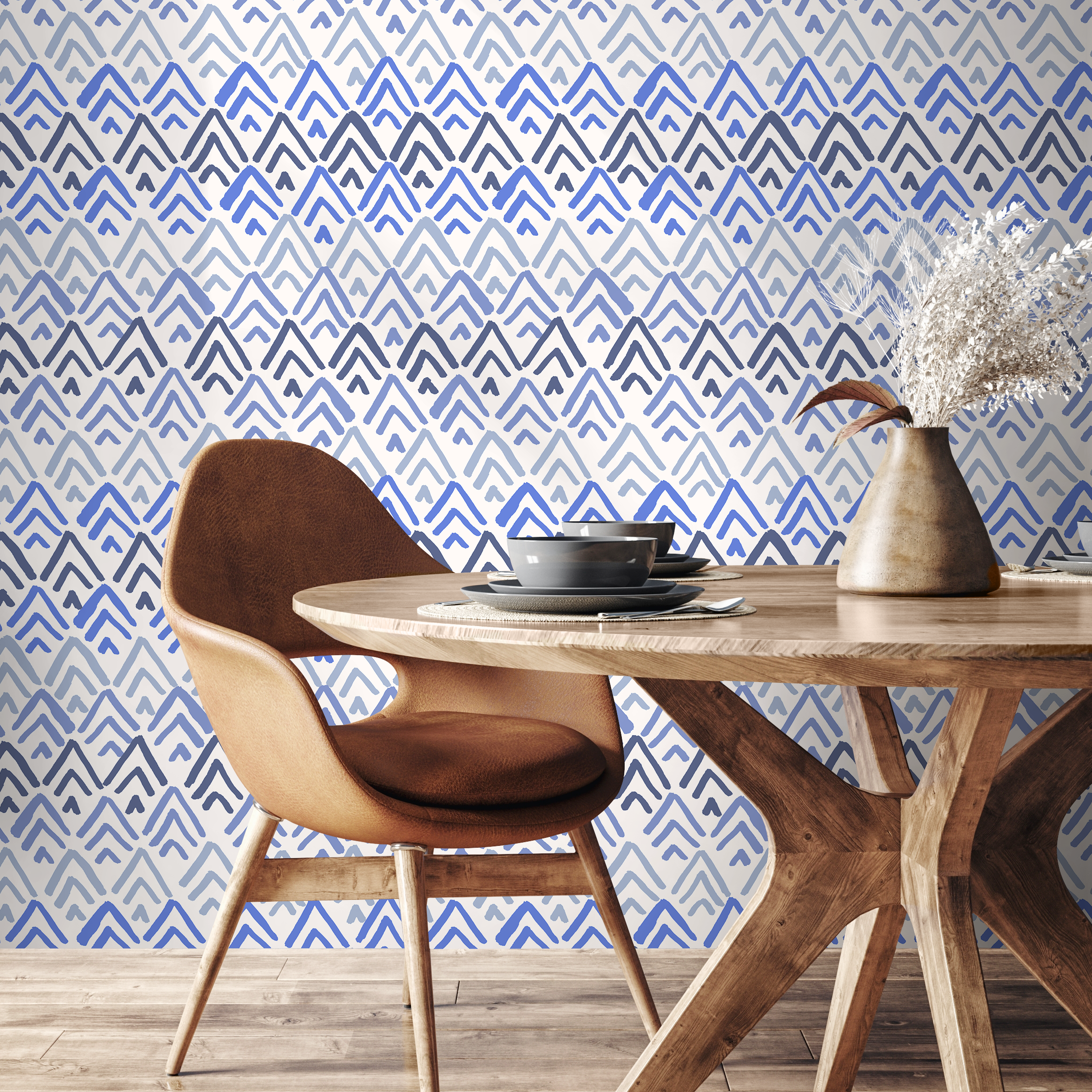 Geometric Wallpaper With A Brushstroke Chevron Motif In Blue And Gray - B359