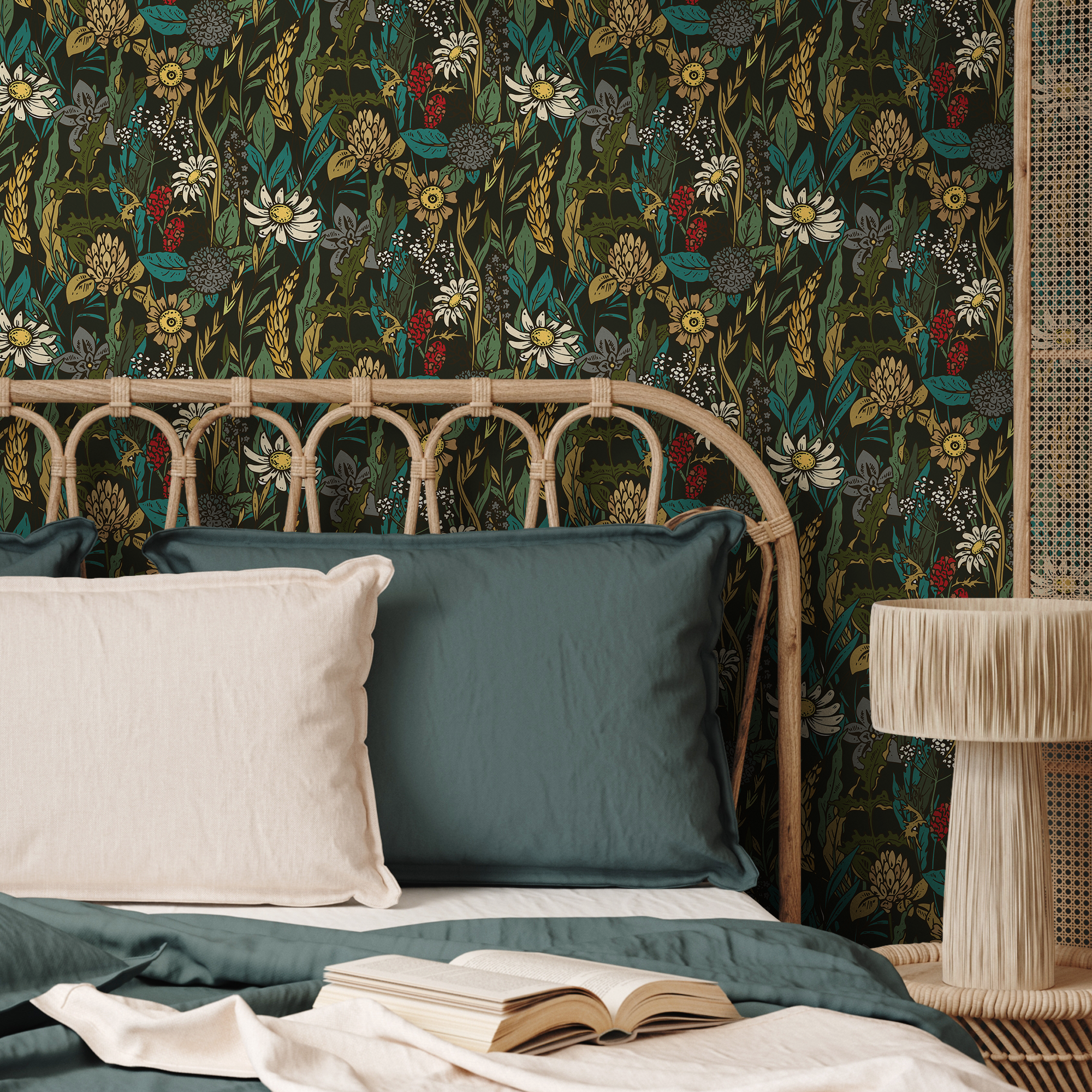 Botanical Wallpaper With A Wildflower Meadow Motif In Yellow, Teal, And Red - B360