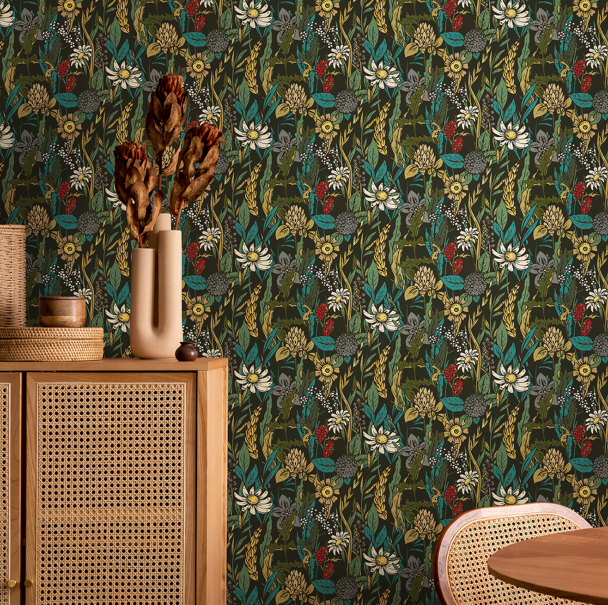 Botanical Wallpaper With A Wildflower Meadow Motif In Yellow, Teal, And Red - B360