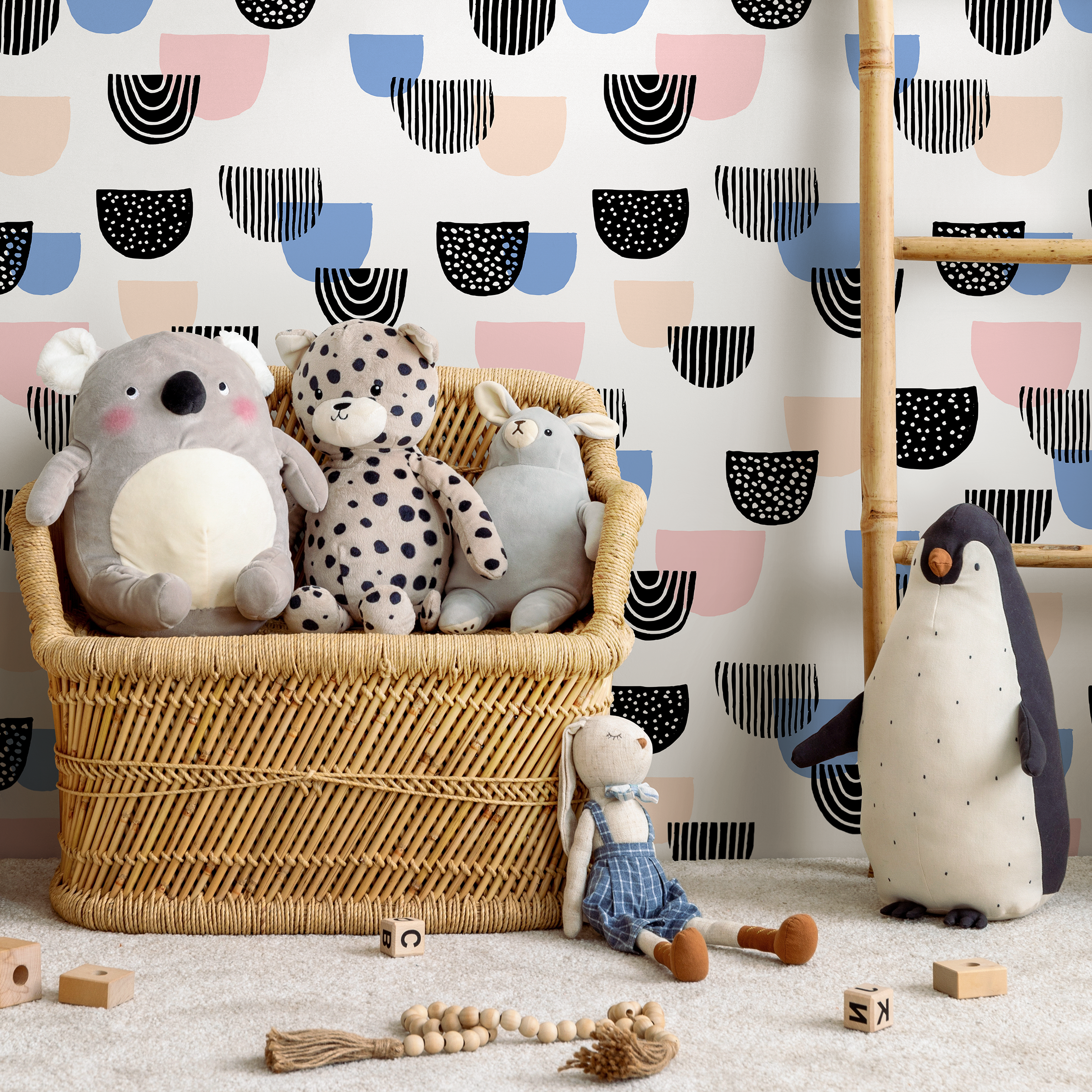 Abstract Wallpaper With Modern Semicircle Shapes In Black, Pink, And Blue - B365