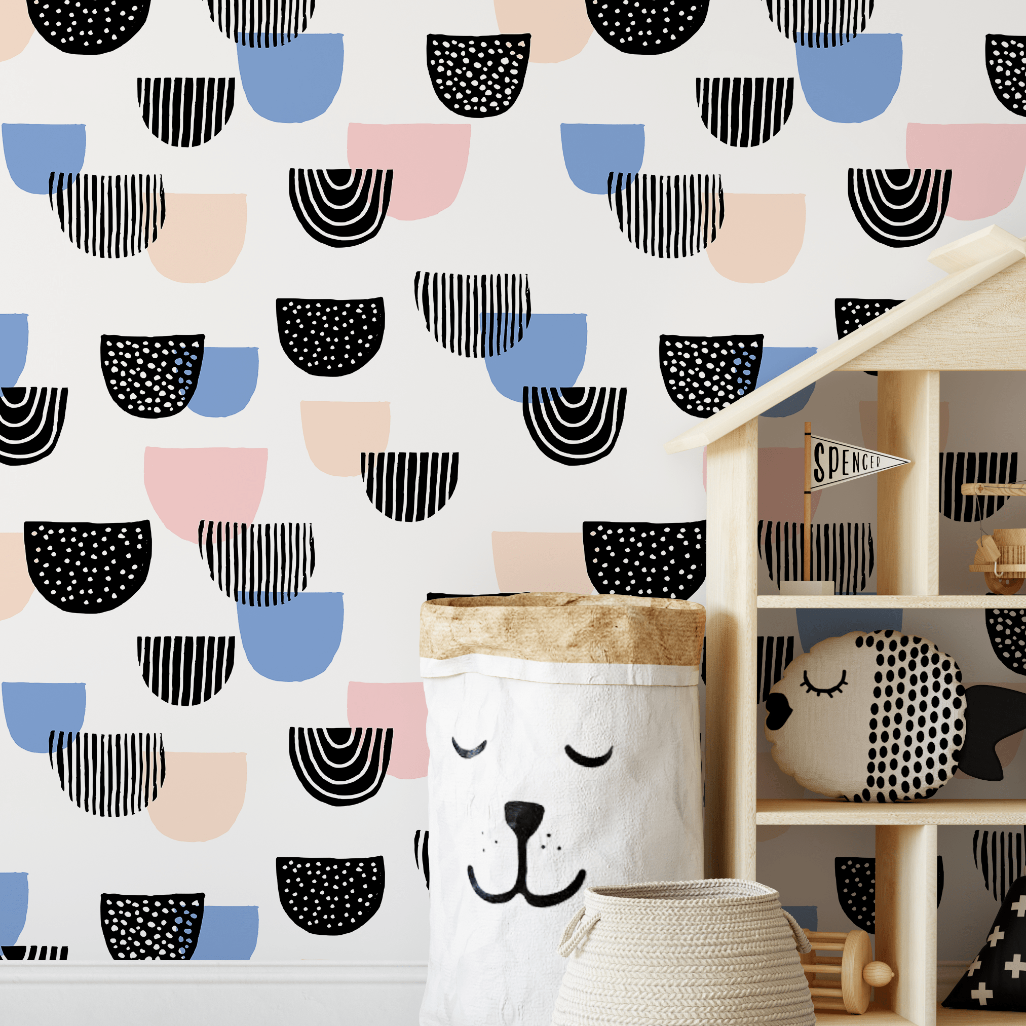 Abstract Wallpaper With Modern Semicircle Shapes In Black, Pink, And Blue - B365
