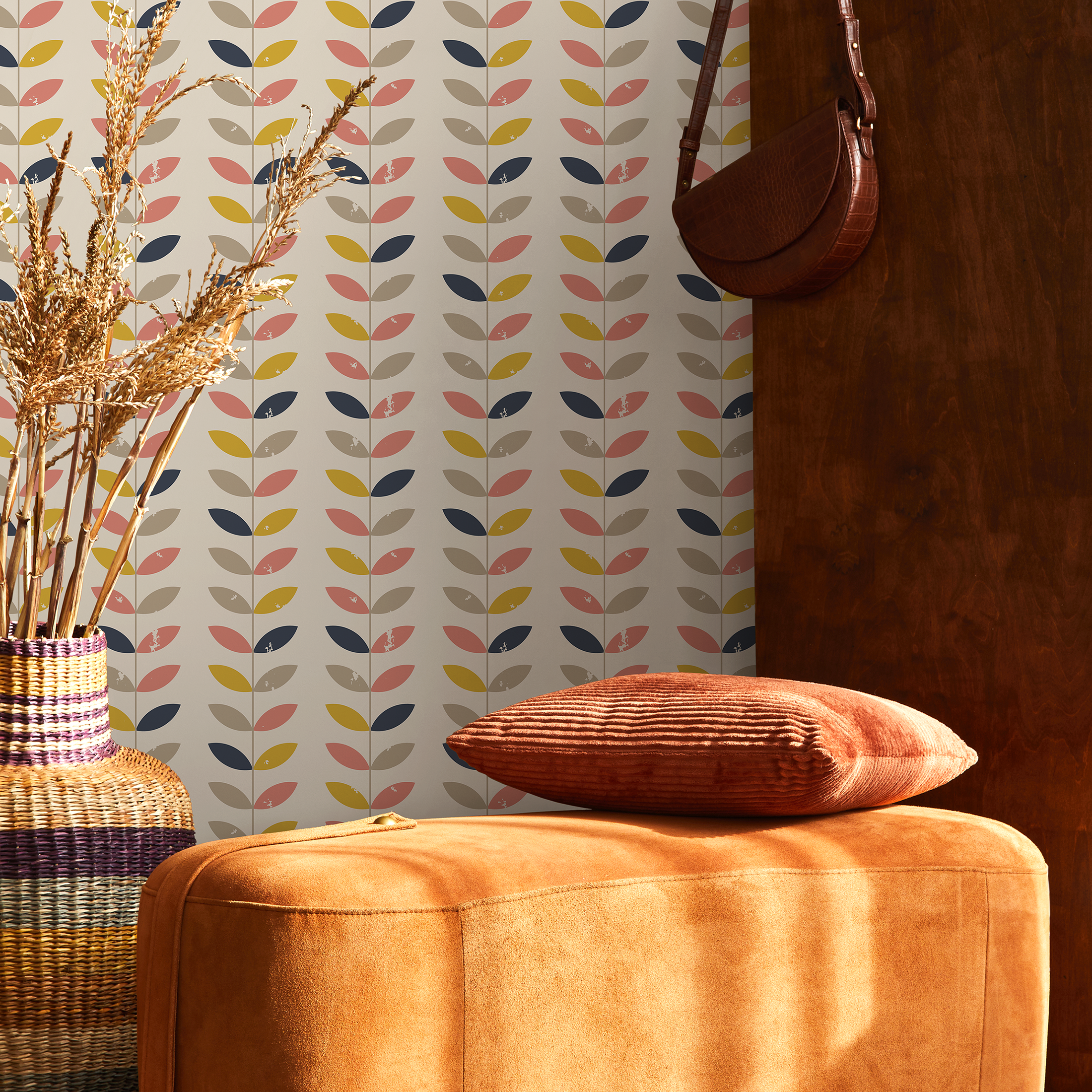 Geometric Wallpaper Featuring Stylized Leaf Vines In Pink, Yellow, And Blue - B367