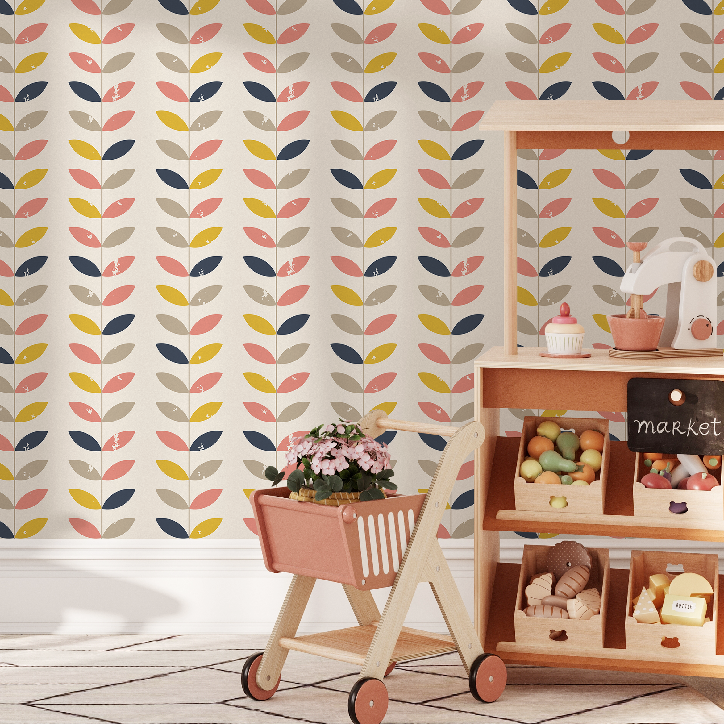 Geometric Wallpaper Featuring Stylized Leaf Vines In Pink, Yellow, And Blue - B367