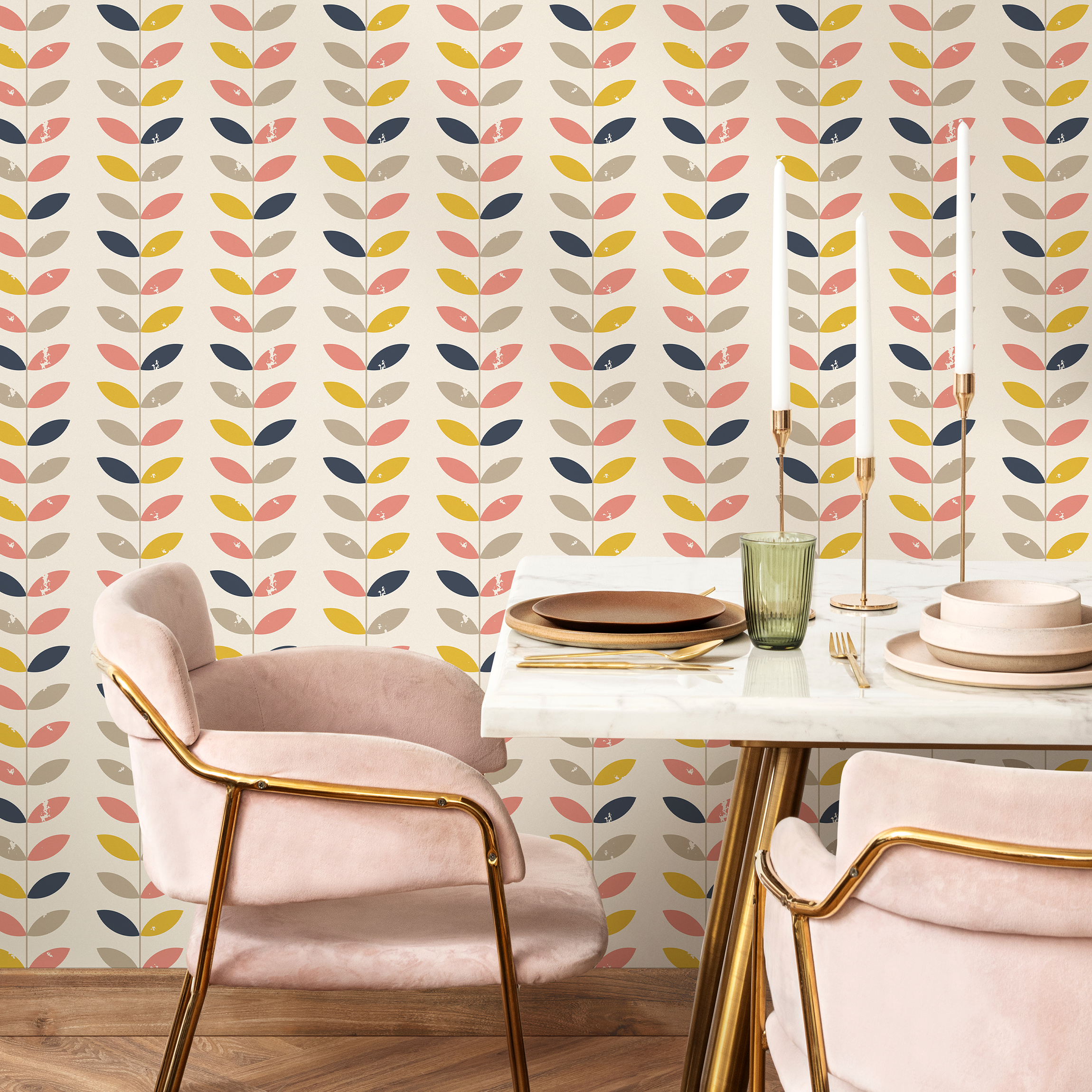 Geometric Wallpaper Featuring Stylized Leaf Vines In Pink, Yellow, And Blue - B367