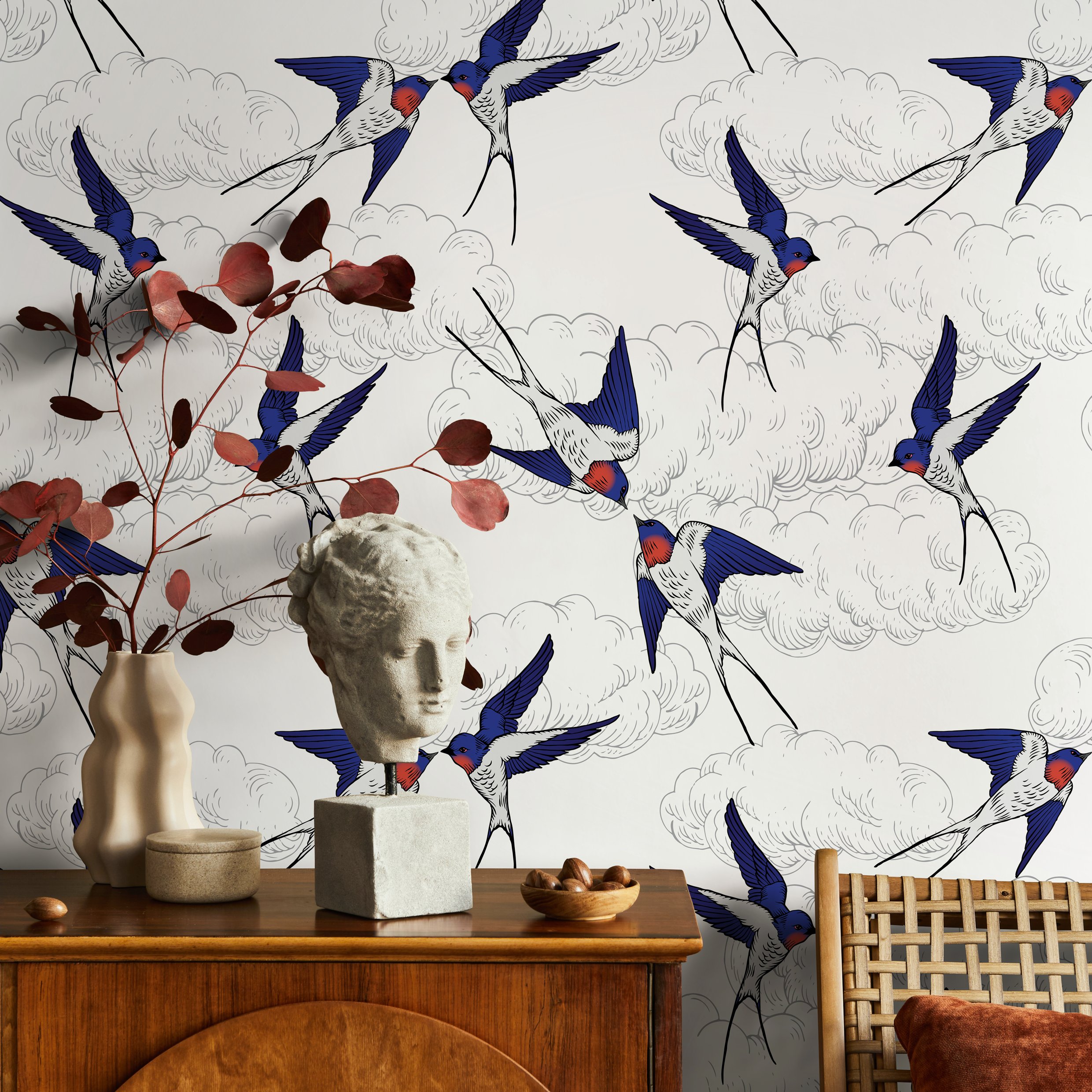 Chinoiserie Wallpaper Featuring Flying Swallows In Blue, Red, And Black - B369