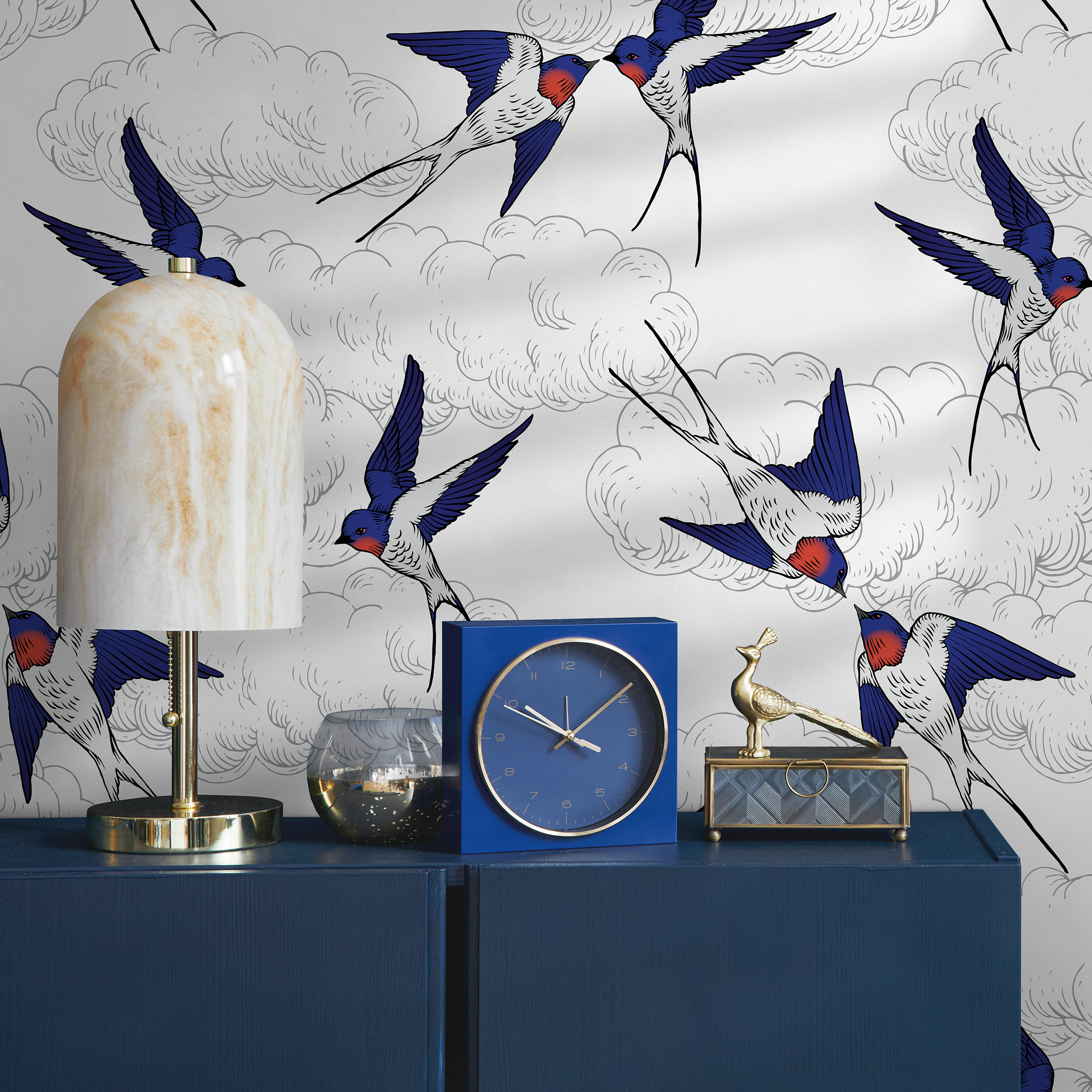 Chinoiserie Wallpaper Featuring Flying Swallows In Blue, Red, And Black - B369