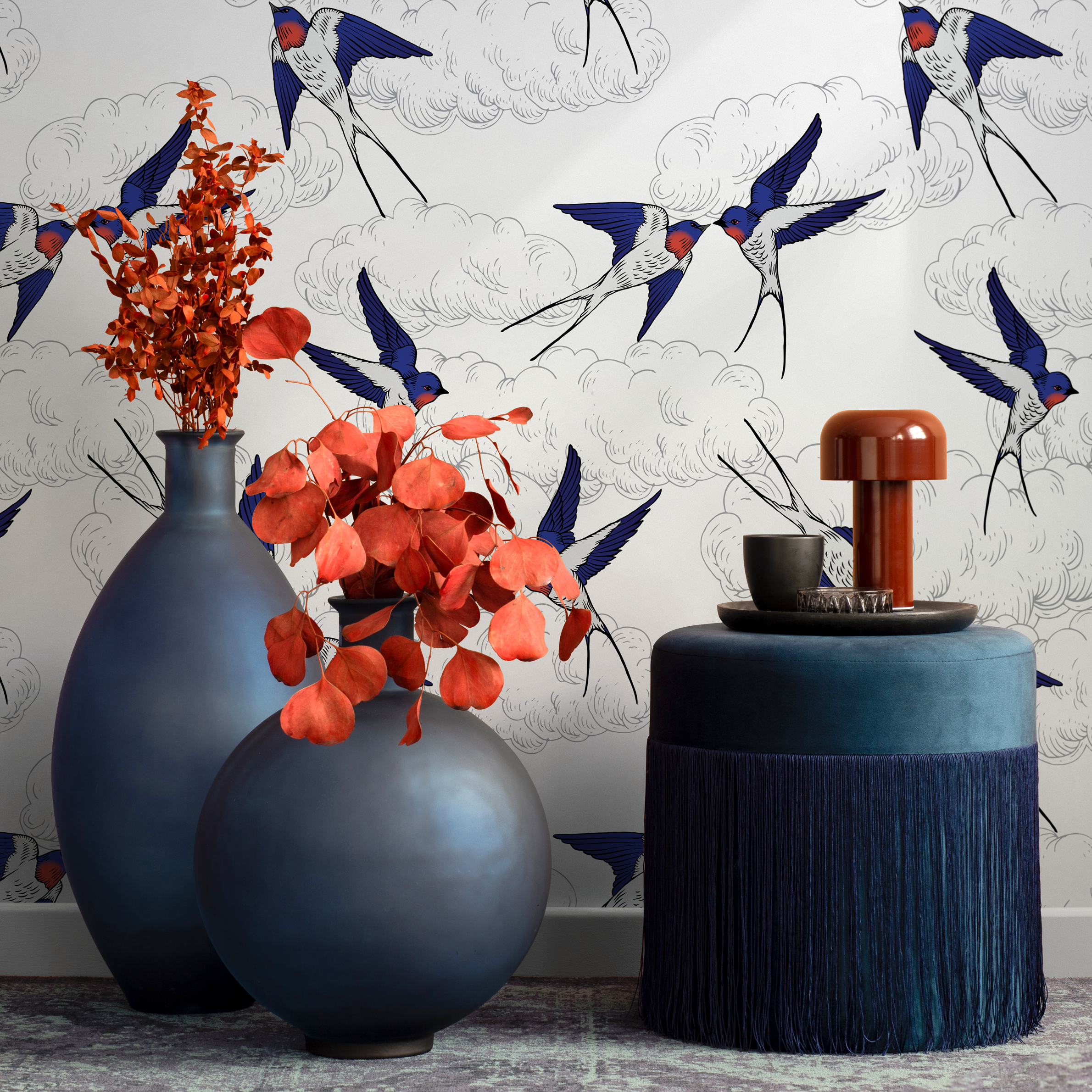Chinoiserie Wallpaper Featuring Flying Swallows In Blue, Red, And Black - B369