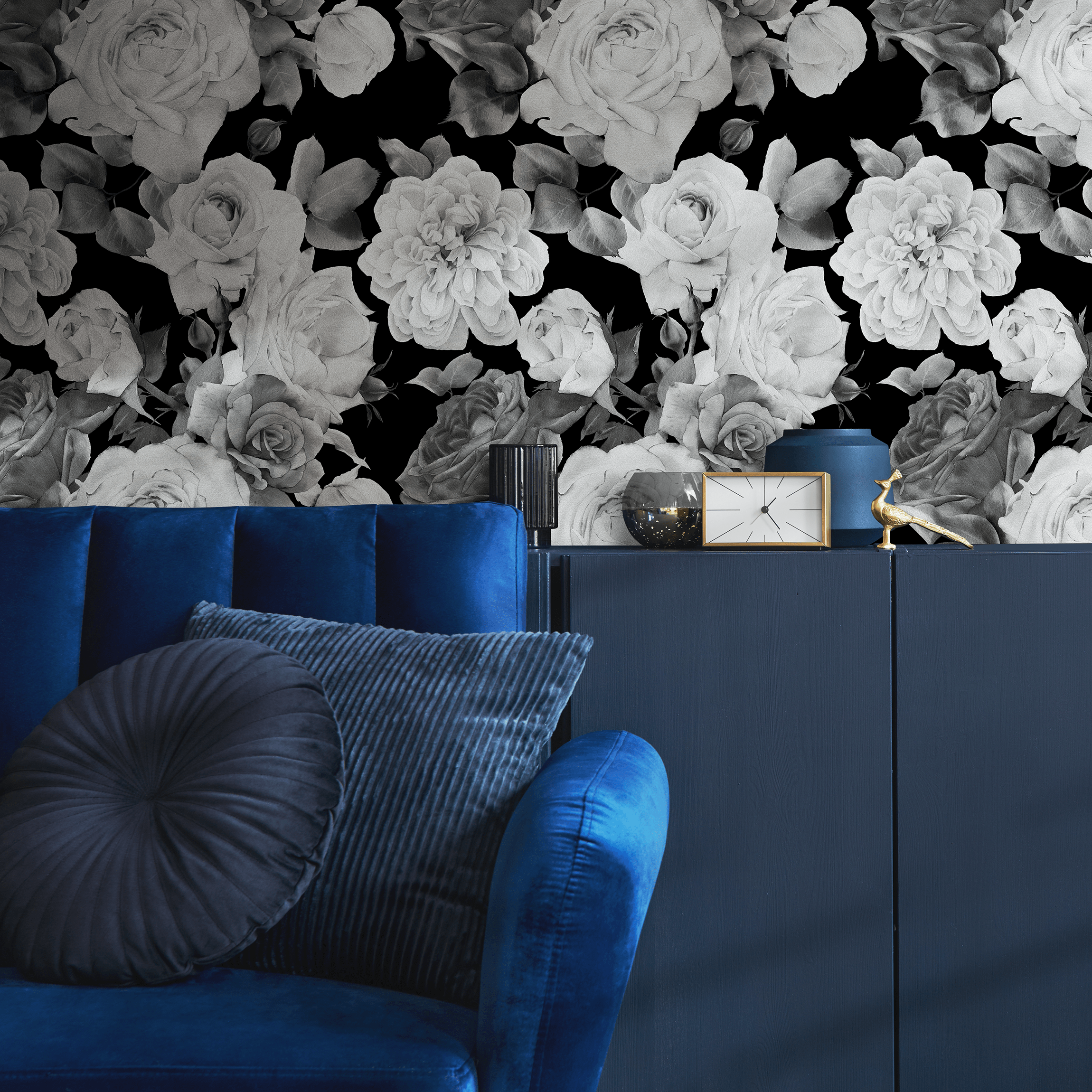 Floral Wallpaper With A Dramatic Rose Collage In Black, White, And Gray - B370