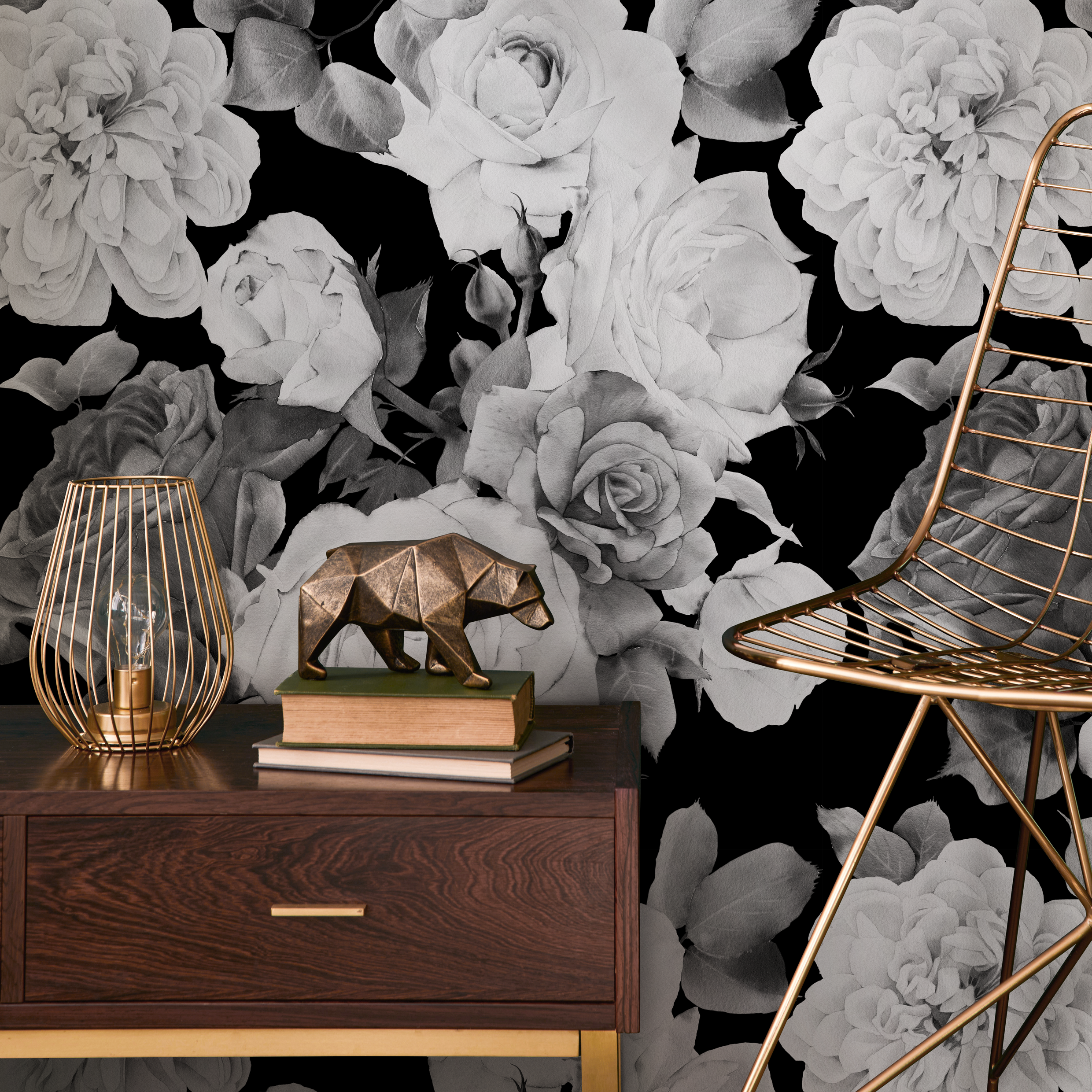 Floral Wallpaper With A Dramatic Rose Collage In Black, White, And Gray - B370