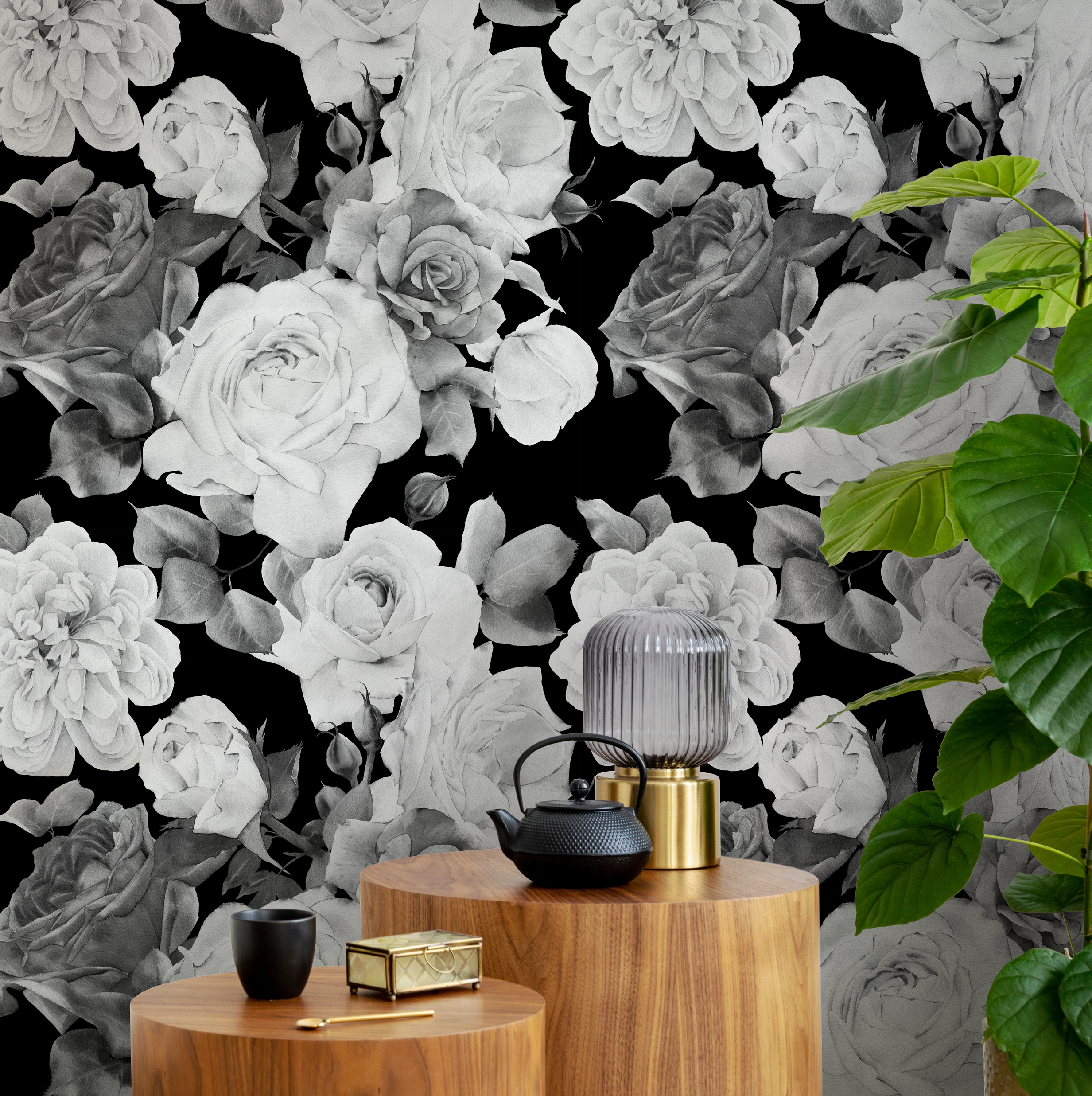 Floral Wallpaper With A Dramatic Rose Collage In Black, White, And Gray - B370
