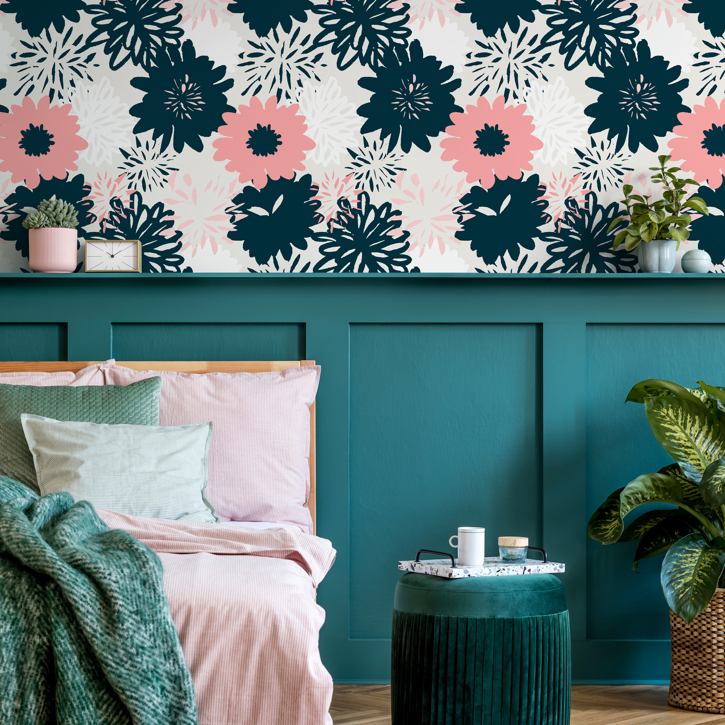Floral Wallpaper With Bold Graphic Blooms In Navy And Pink - B371