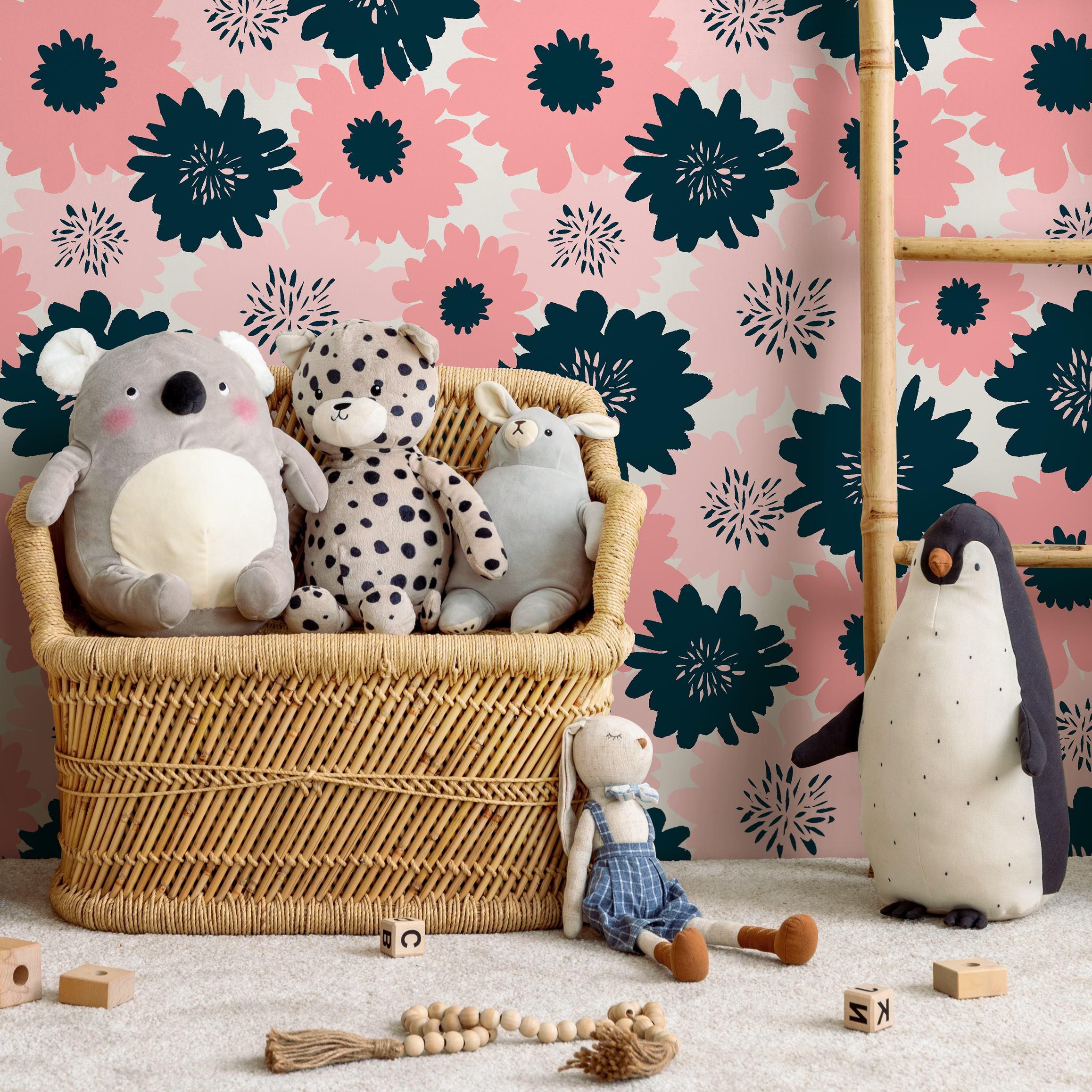 Floral Wallpaper Featuring Bold Graphic Blooms In Navy Blue And Pink - B373