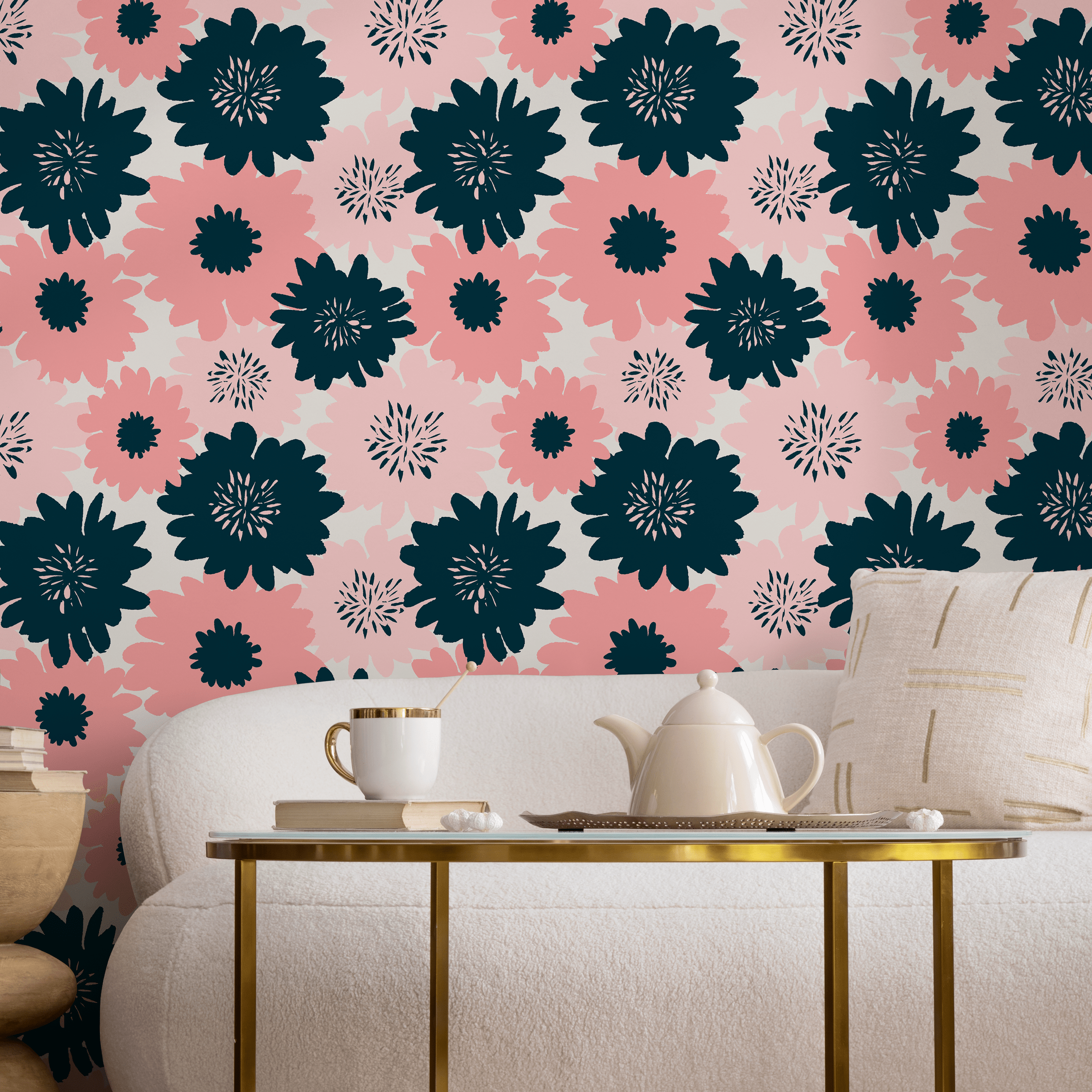 Floral Wallpaper Featuring Bold Graphic Blooms In Navy Blue And Pink - B373