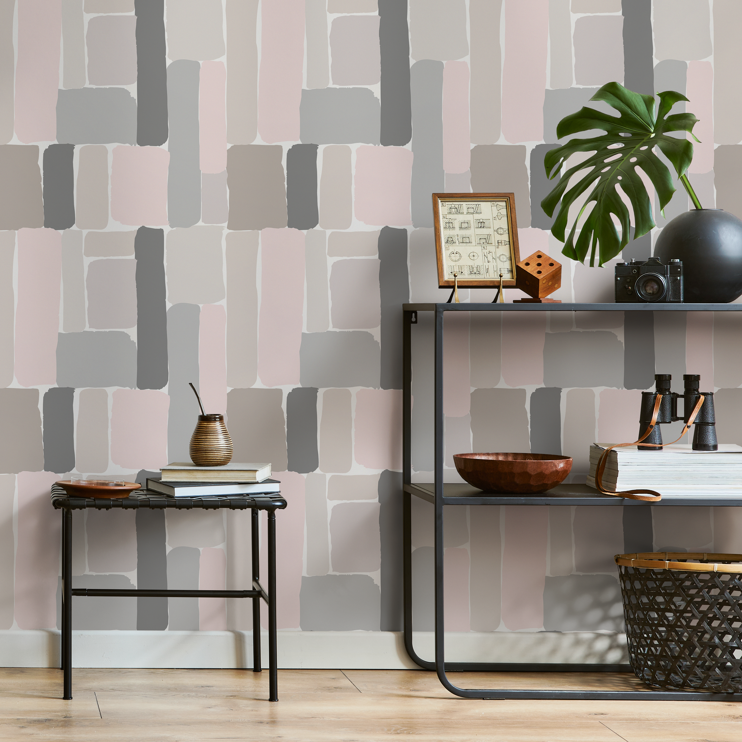 Abstract Wallpaper With Painterly Blocks In Pink, Gray, And Taupe - B375