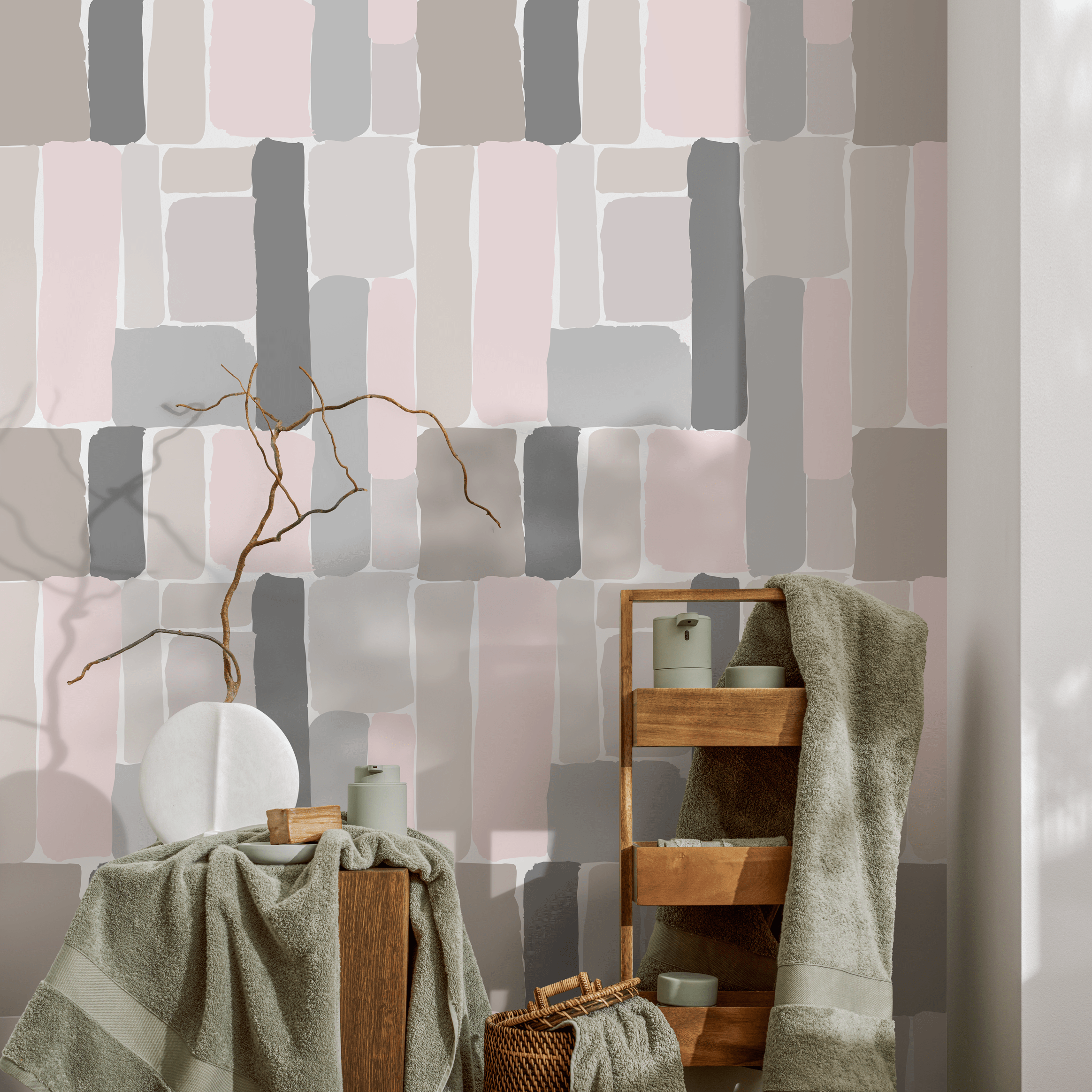 Abstract Wallpaper With Painterly Blocks In Pink, Gray, And Taupe - B375