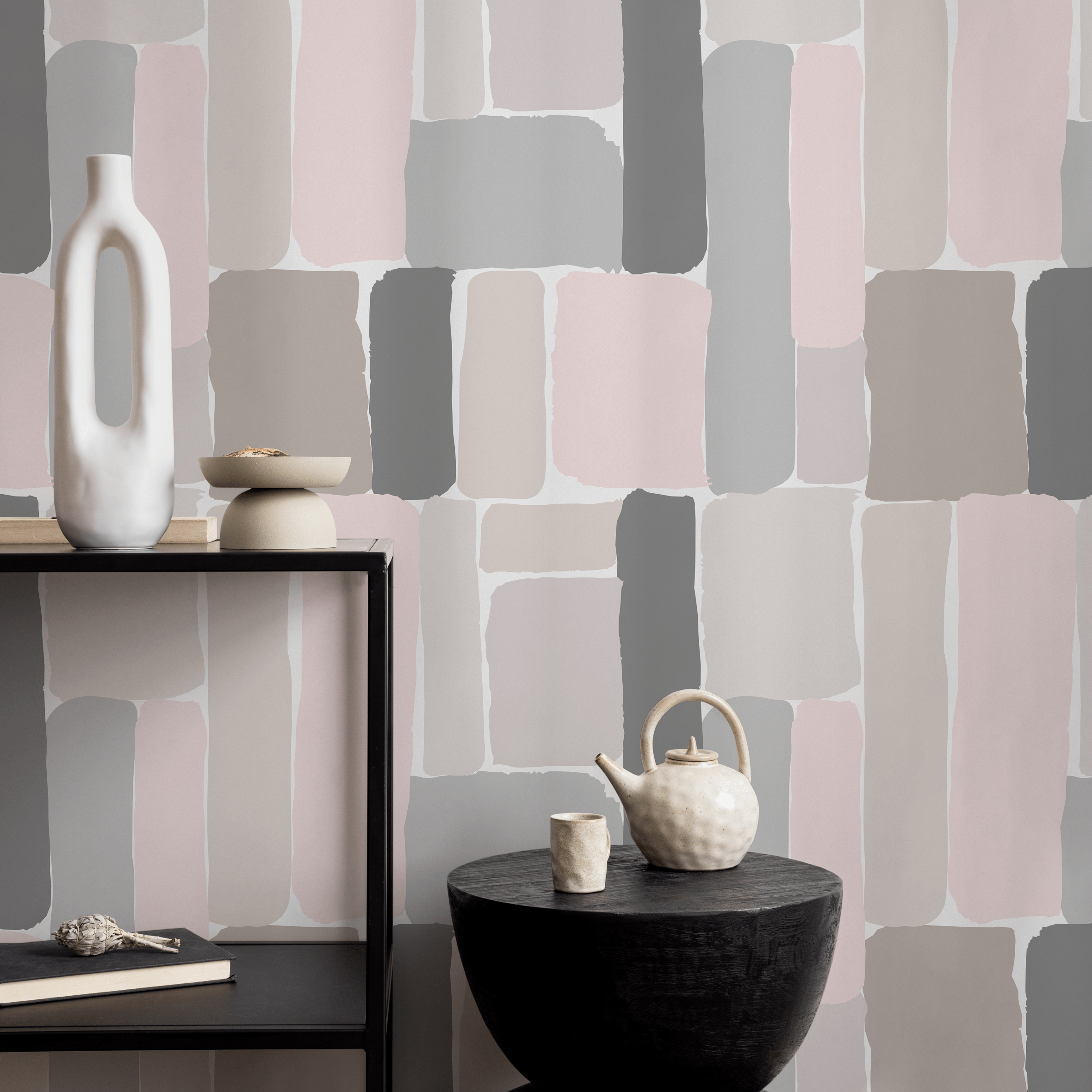 Abstract Wallpaper With Painterly Blocks In Pink, Gray, And Taupe - B375