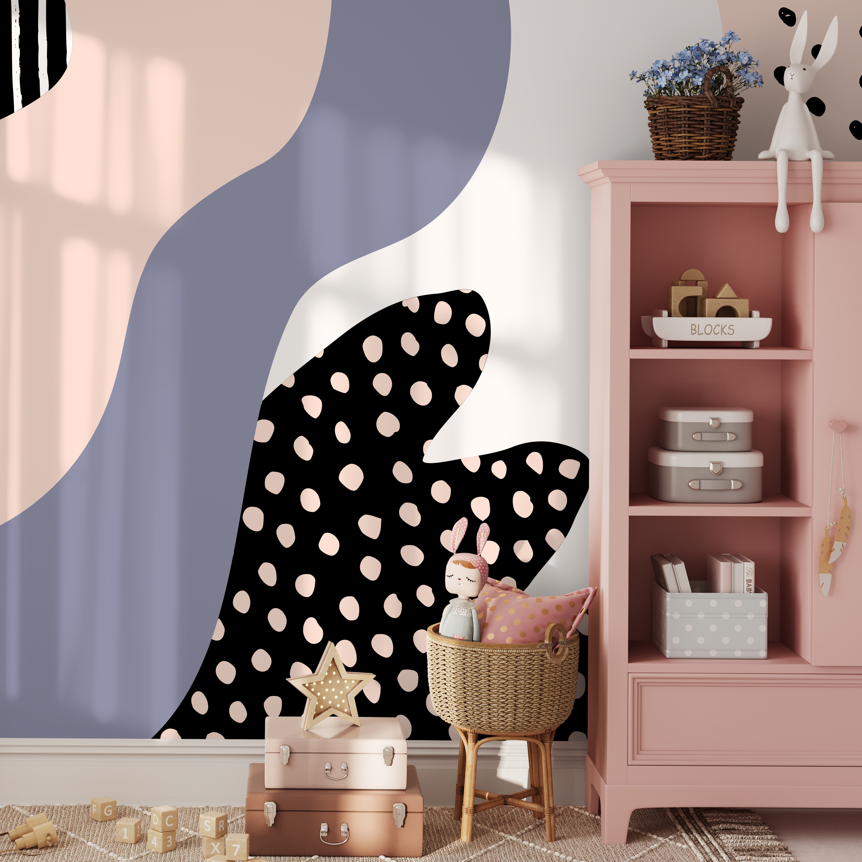 Abstract Mural Wallpaper With Organic Forms In Pink, Blue, And Black - B377