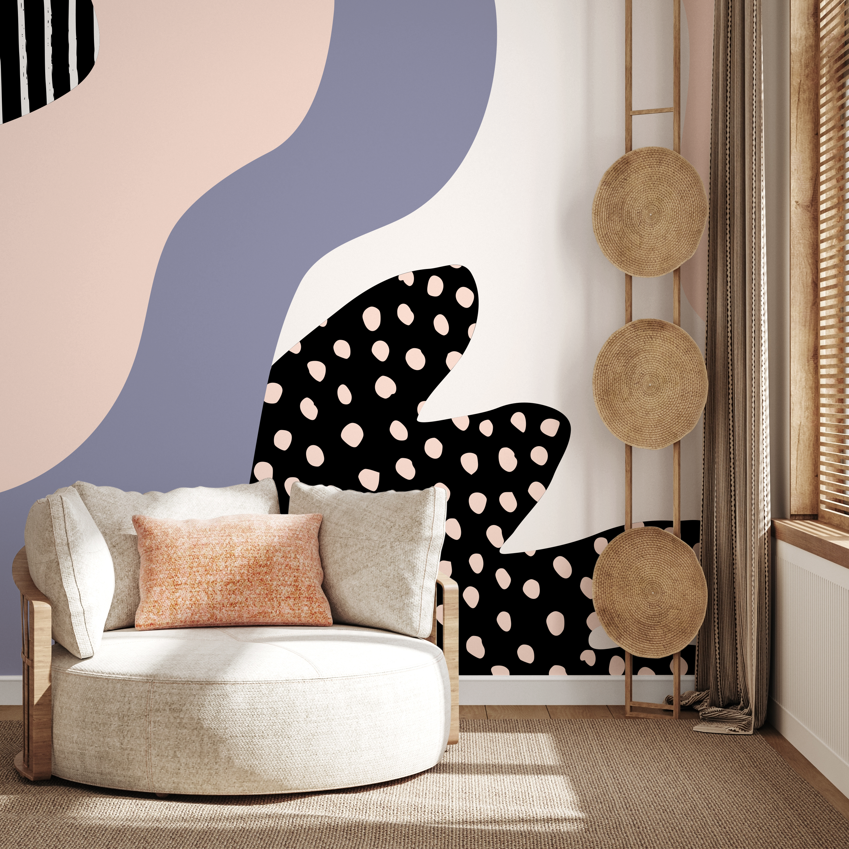 Abstract Mural Wallpaper With Organic Forms In Pink, Blue, And Black - B377