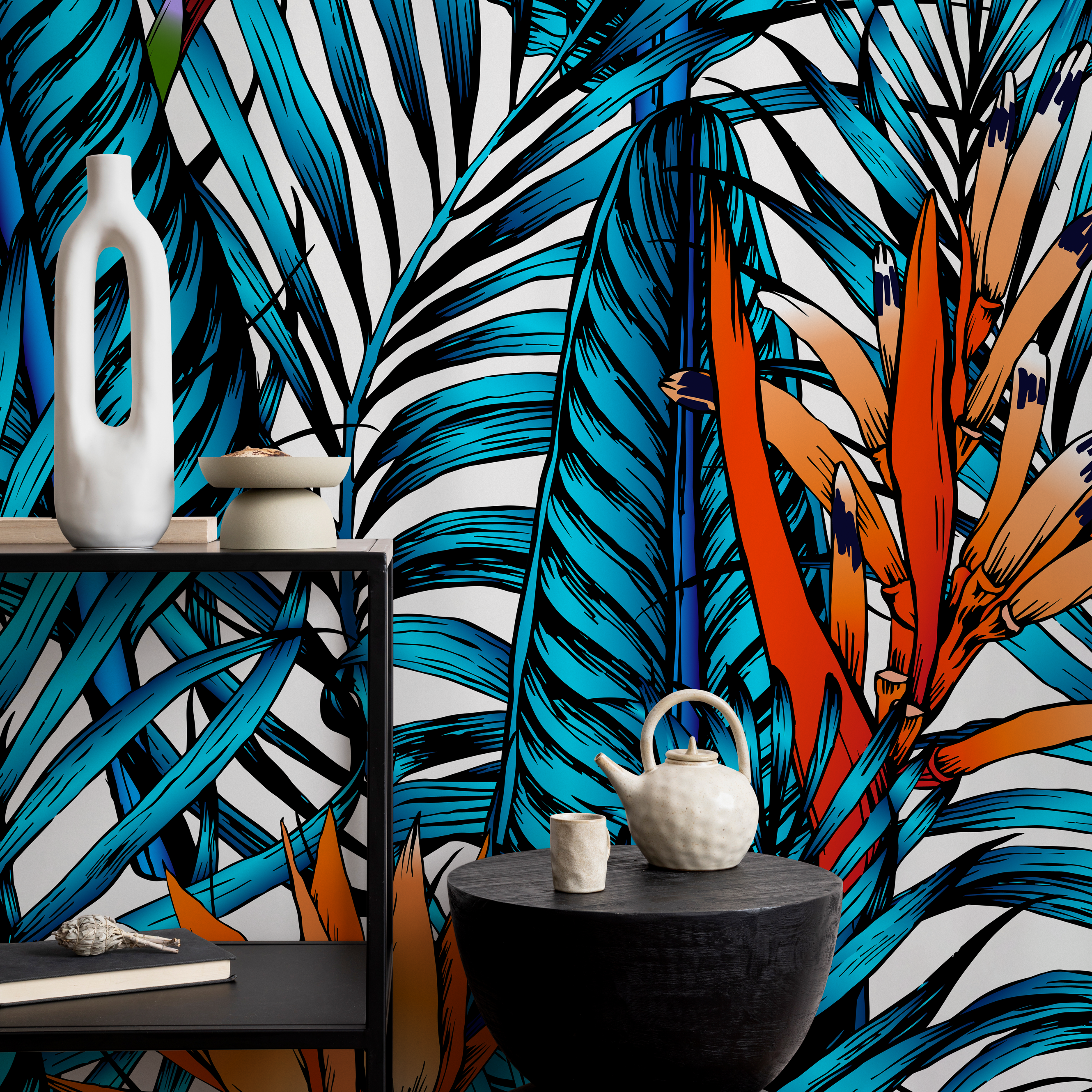 Tropical Wallpaper With Birds Of Paradise In Blue, Orange, And Purple - B379