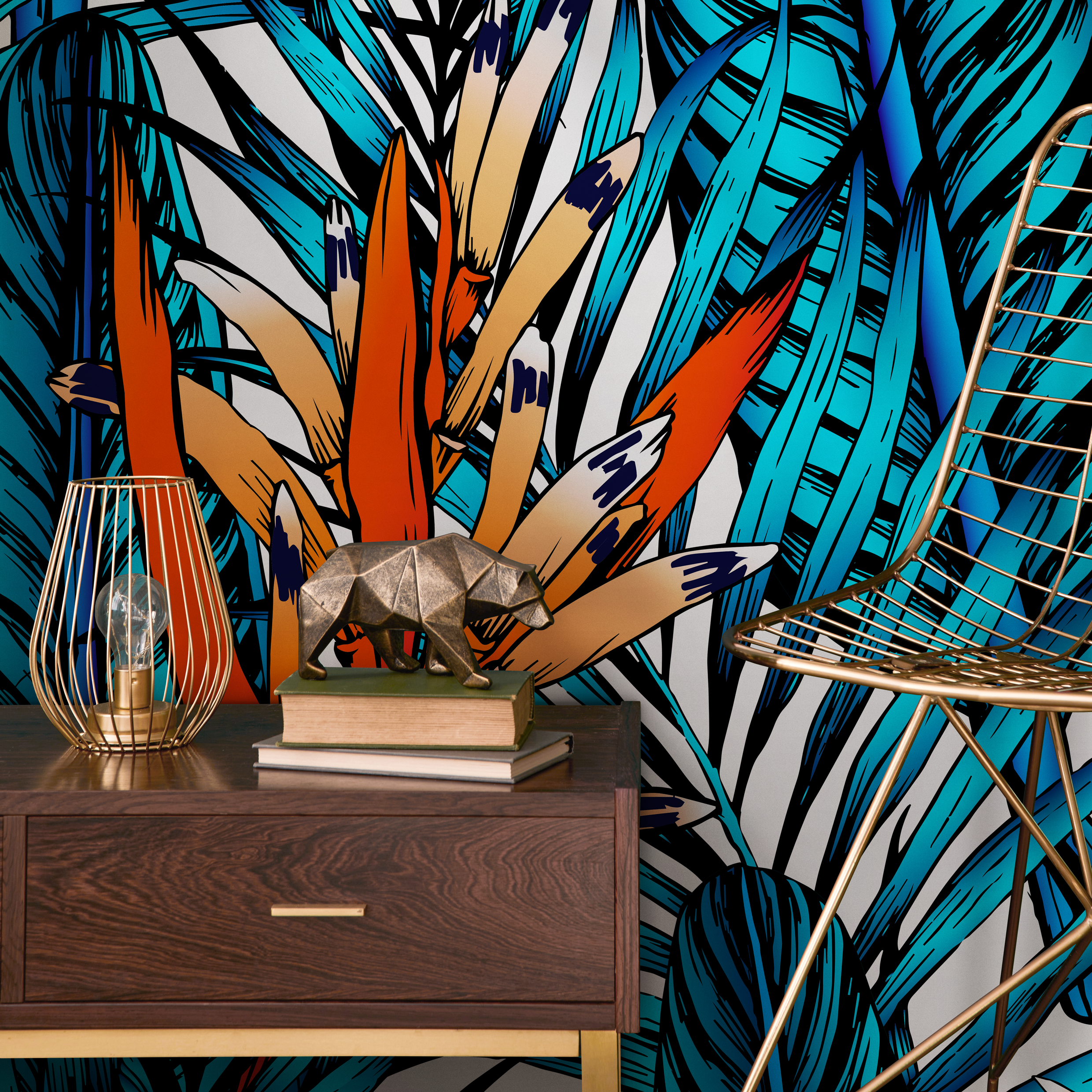 Tropical Wallpaper With Birds Of Paradise In Blue, Orange, And Purple - B379