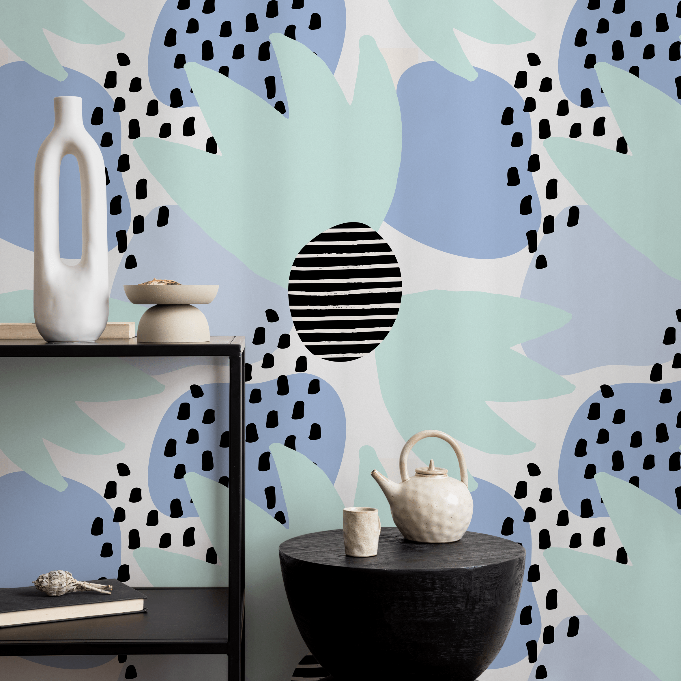 Abstract Wallpaper With Modern Shapes And Dots In Blue, Green, And Black - B380