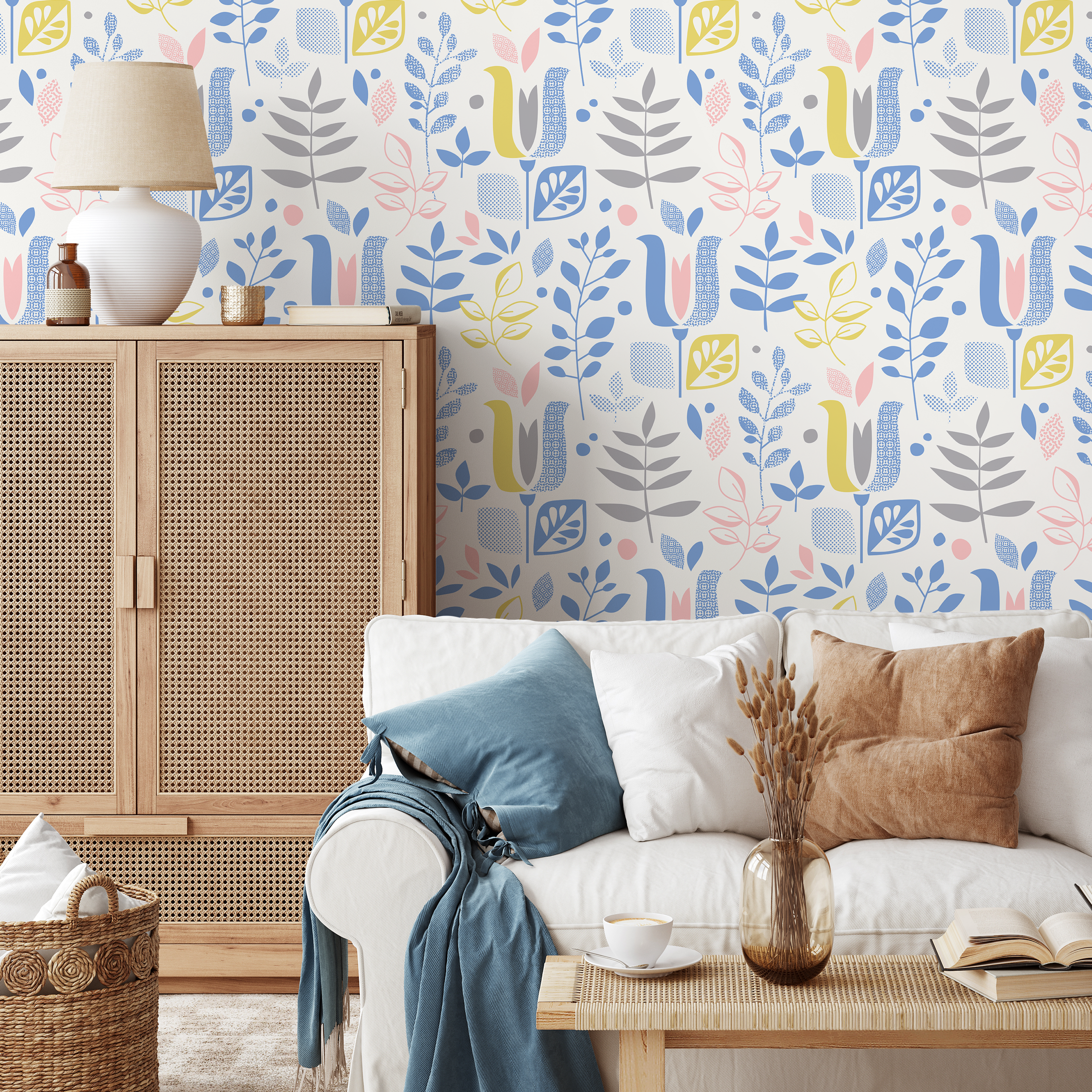 Scandinavian Wallpaper Featuring Abstract Leaves In Blue, Yellow, And Pink - B384