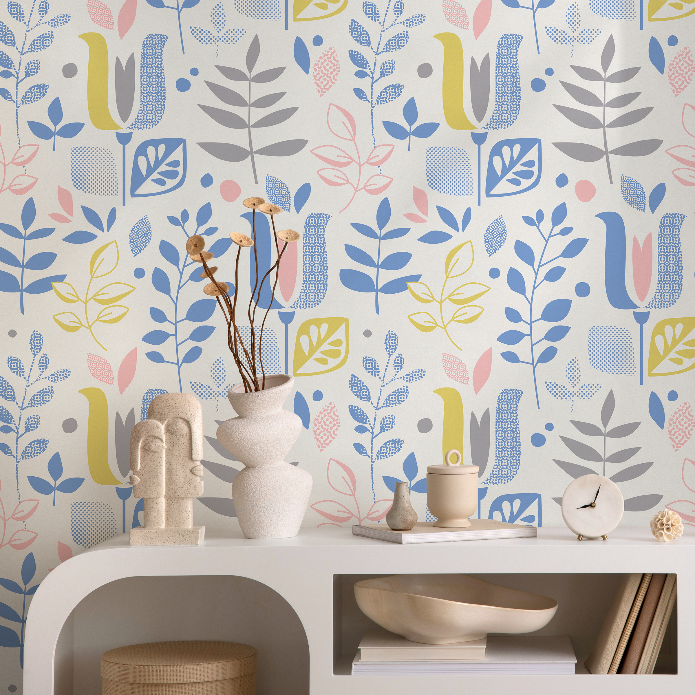 Scandinavian Wallpaper Featuring Abstract Leaves In Blue, Yellow, And Pink - B384