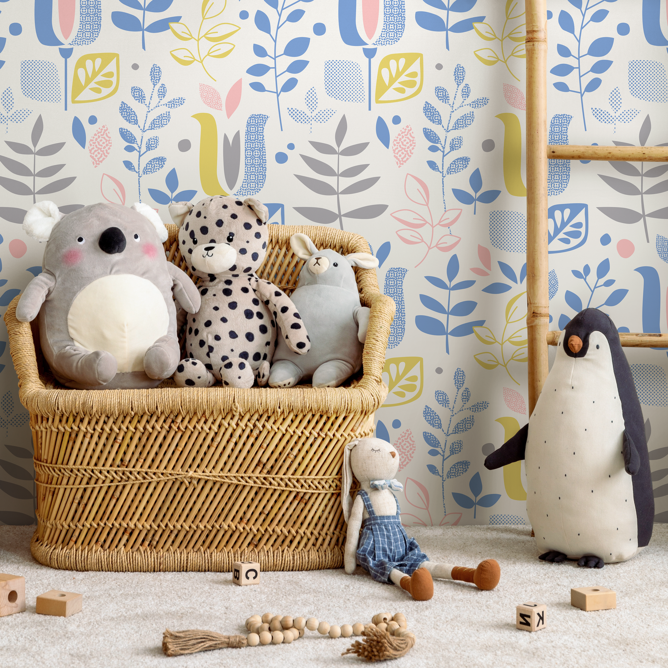 Scandinavian Wallpaper Featuring Abstract Leaves In Blue, Yellow, And Pink - B384