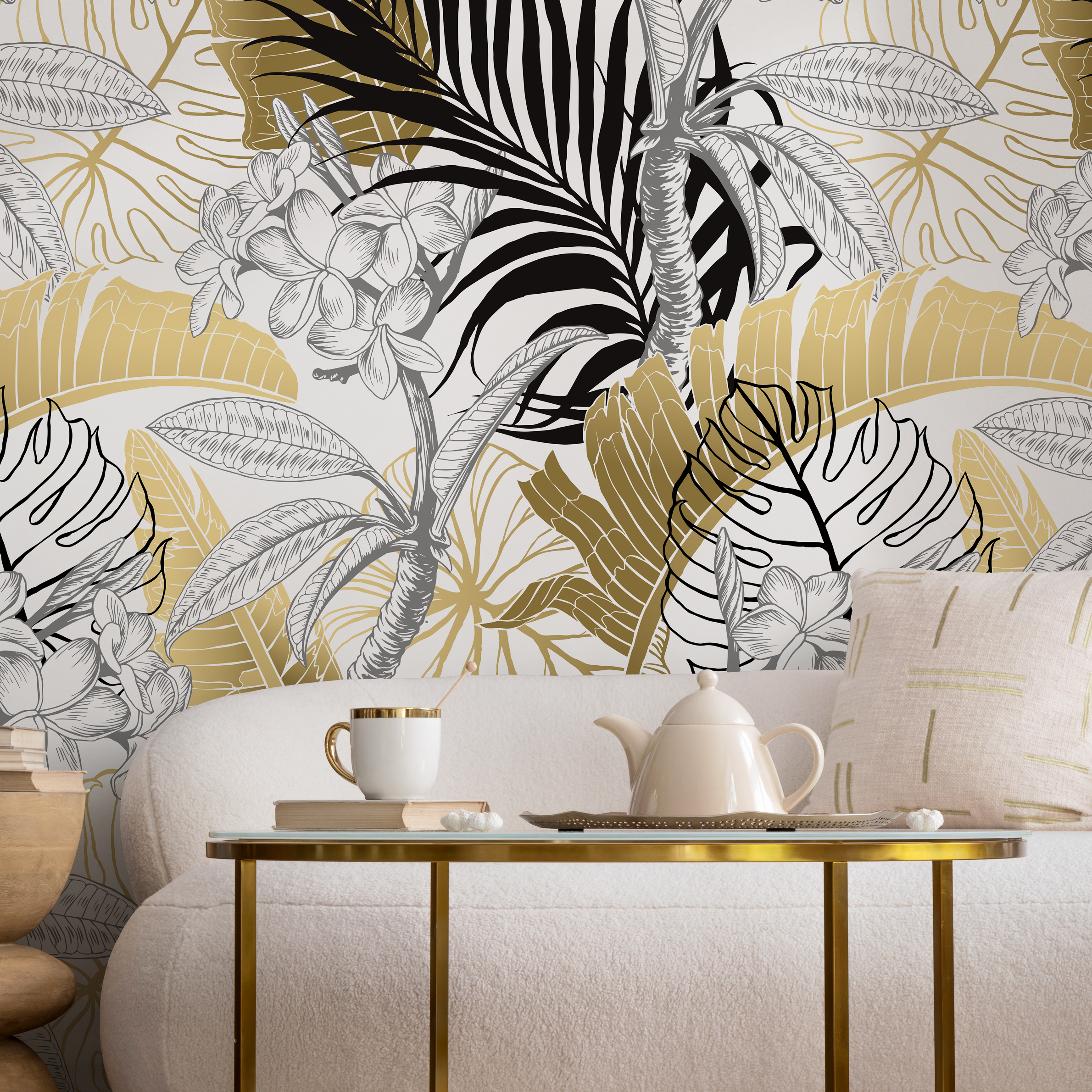 Tropical Wallpaper Featuring Bold Jungle Leaves In Gold, Black, And Grey - B387