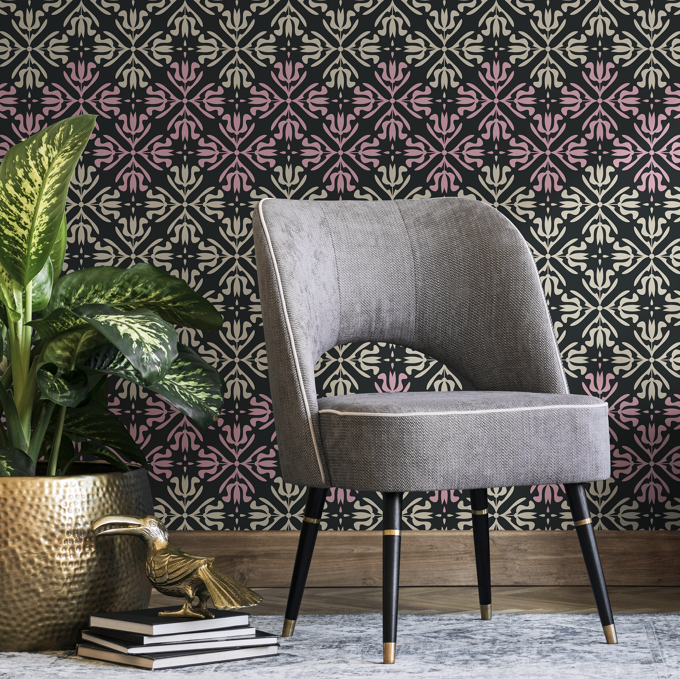 Scandinavian Wallpaper With An Ornate Tile Motif In Black, Pink, And Cream - B389