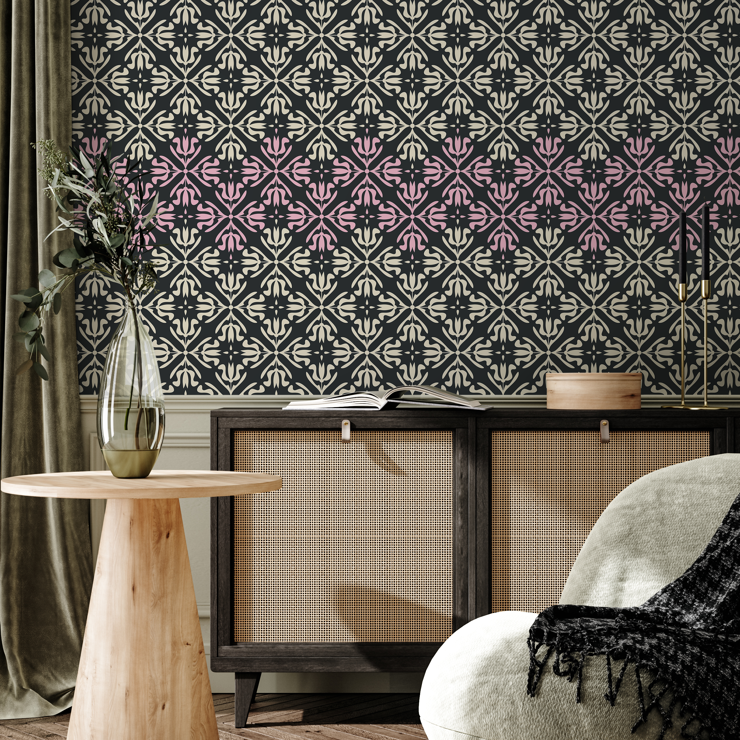 Scandinavian Wallpaper With An Ornate Tile Motif In Black, Pink, And Cream - B389