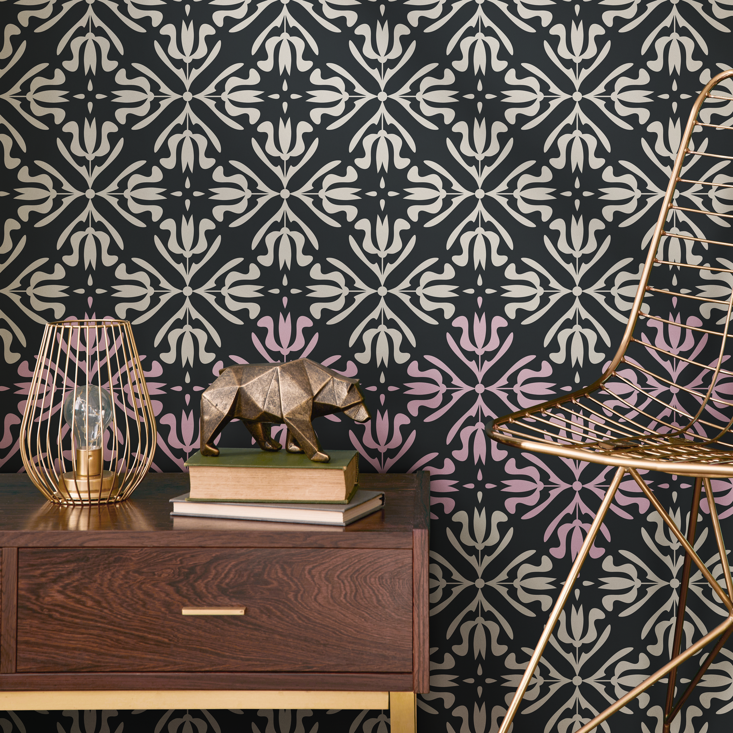 Scandinavian Wallpaper With An Ornate Tile Motif In Black, Pink, And Cream - B389
