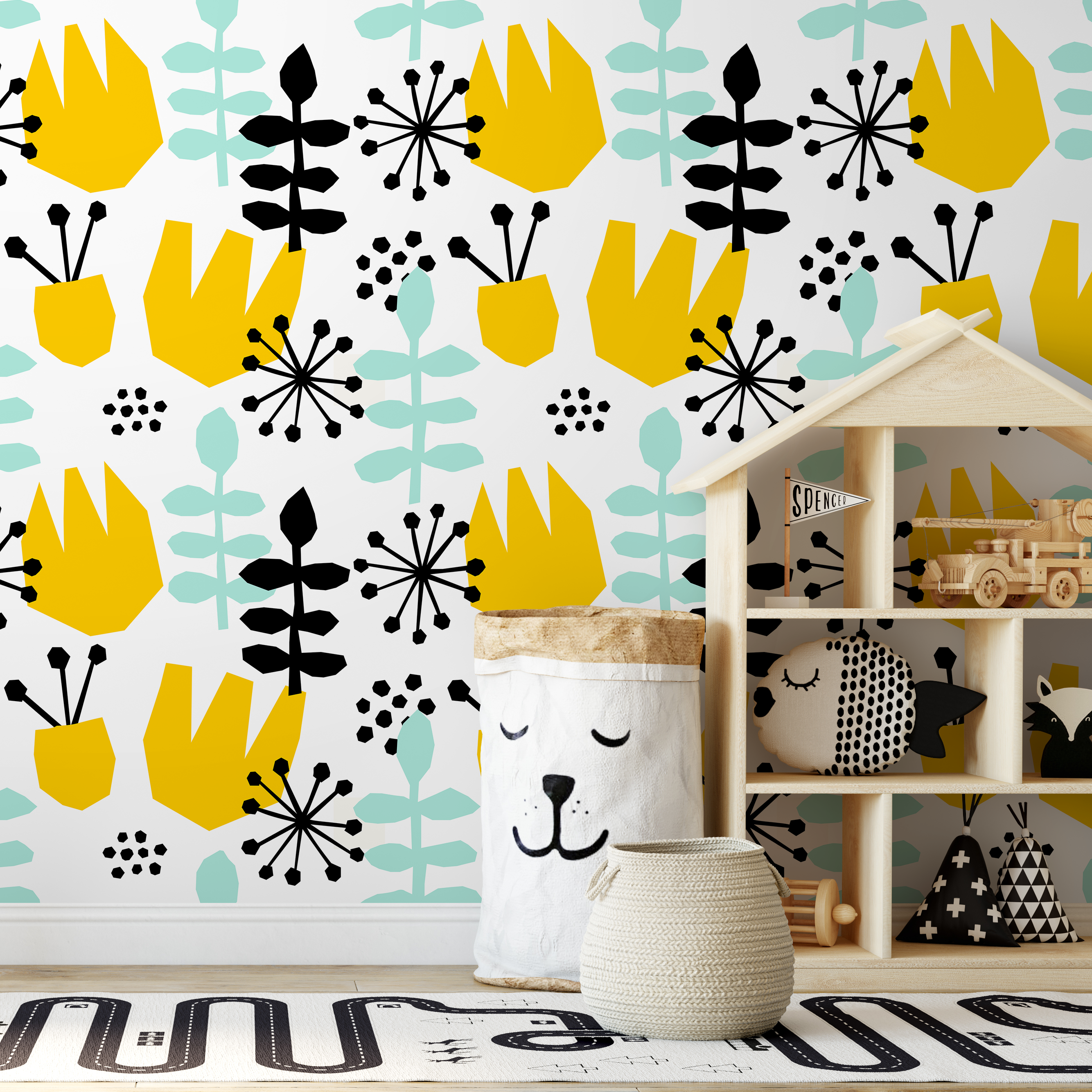 Scandinavian Wallpaper With Abstract Floral Shapes In Yellow, Mint, And Black - B392
