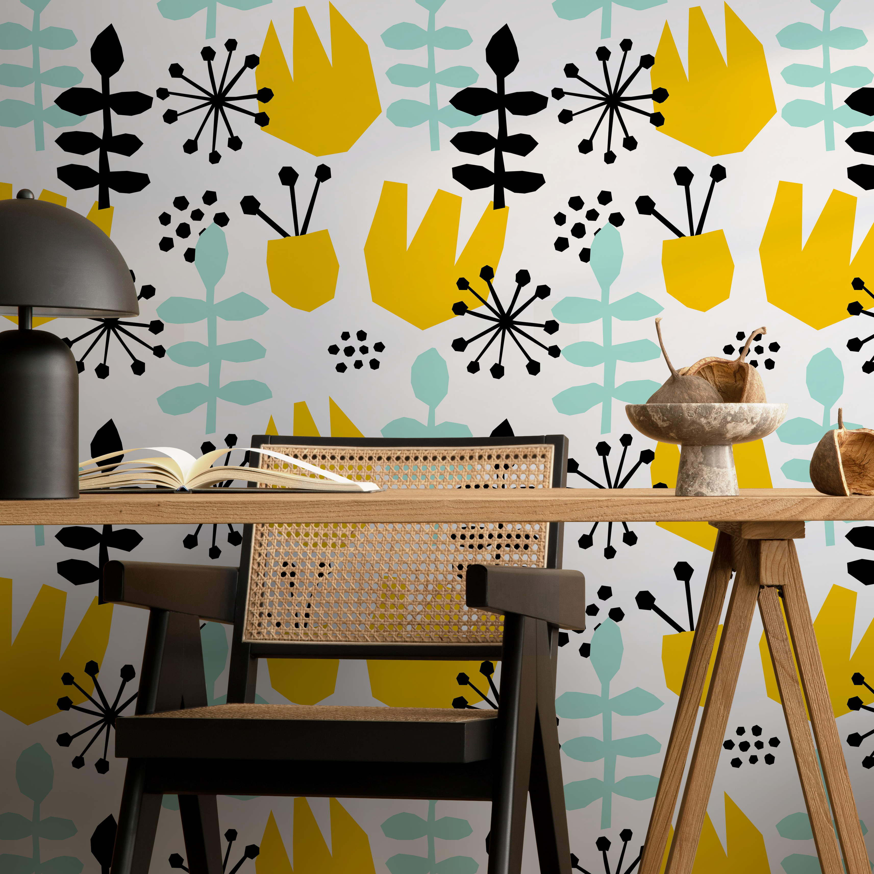 Scandinavian Wallpaper With Abstract Floral Shapes In Yellow, Mint, And Black - B392