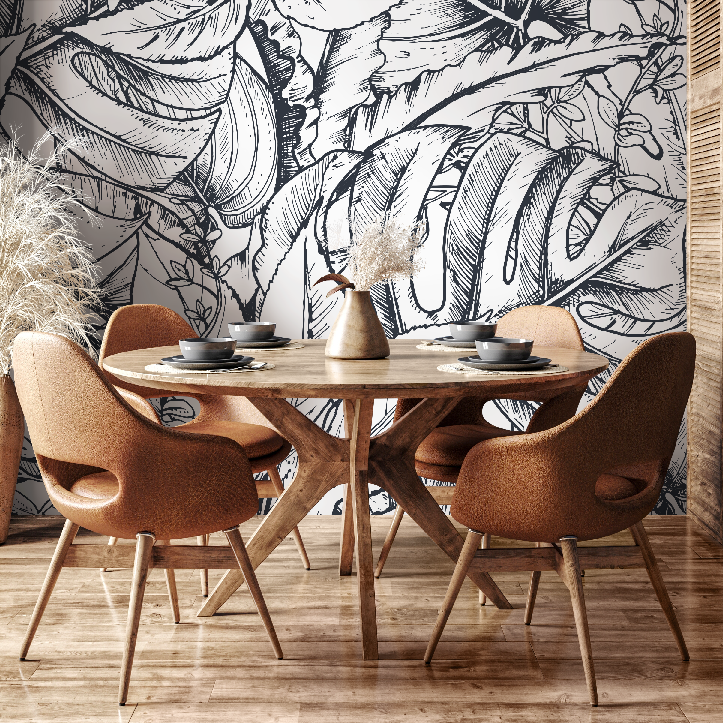 Botanical Wallpaper With Sketched Jungle Leaves In Black And White - B393