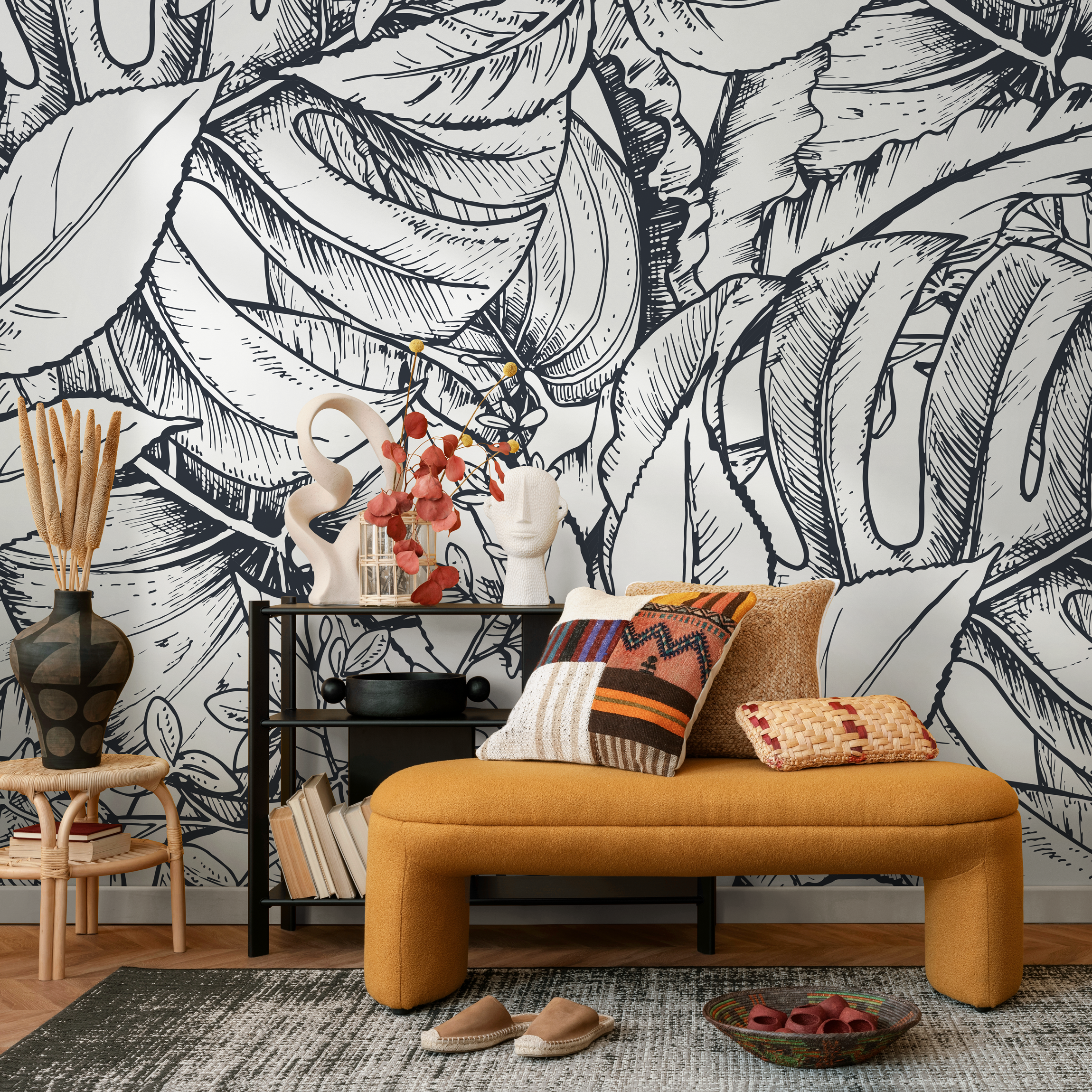 Botanical Wallpaper With Sketched Jungle Leaves In Black And White - B393