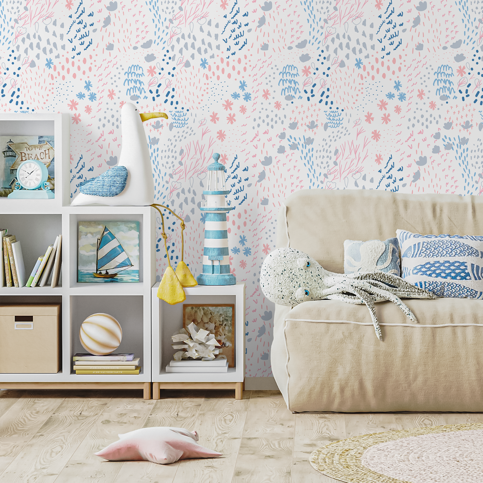 Abstract Wallpaper With Whimsical Doodles In Pink, Blue, And Grey - B406