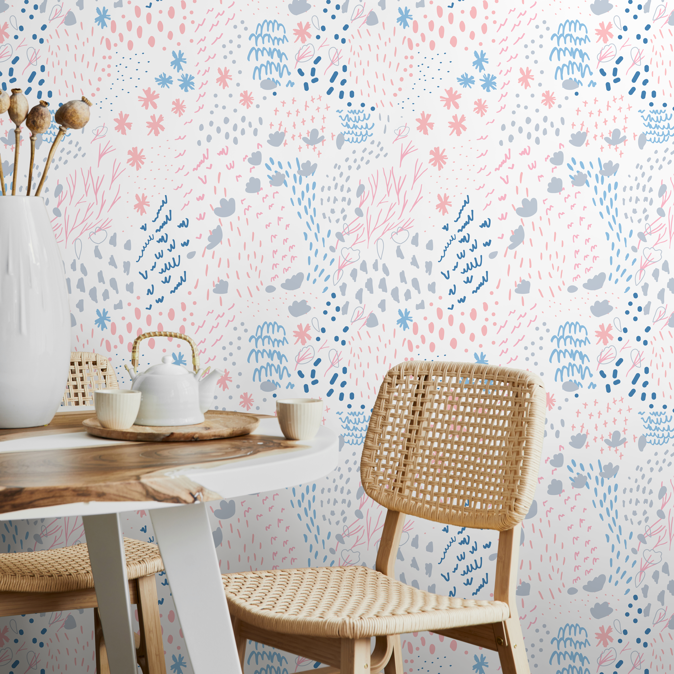 Abstract Wallpaper With Whimsical Doodles In Pink, Blue, And Grey - B406