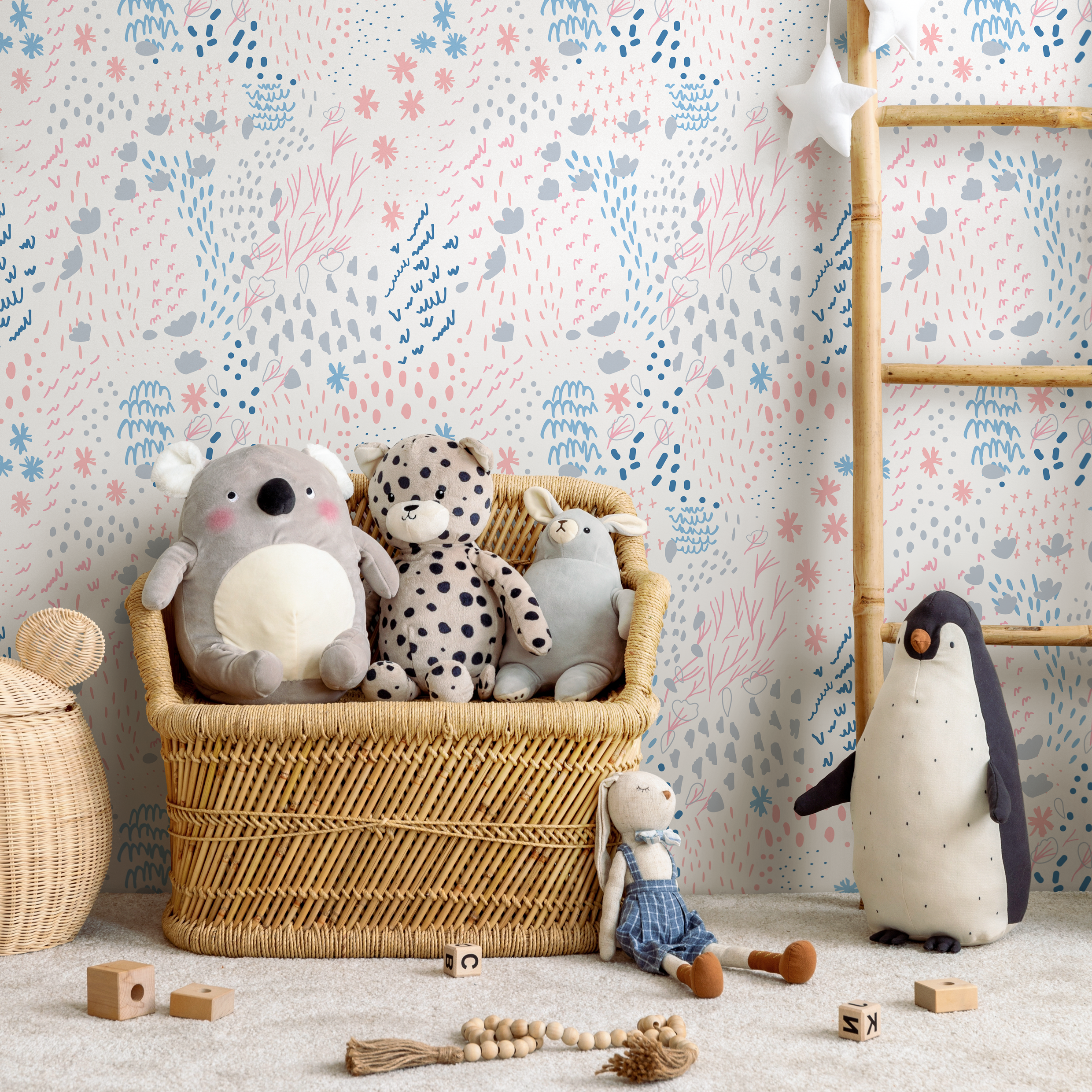 Abstract Wallpaper With Whimsical Doodles In Pink, Blue, And Grey - B406