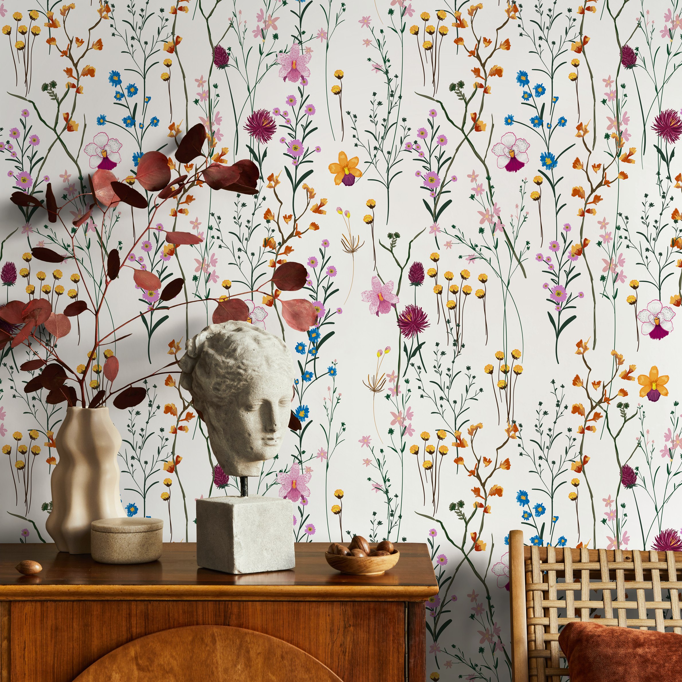 Wildflower Wallpaper With A Delicate Meadow Motif In Pink, Blue, And Yellow - B407