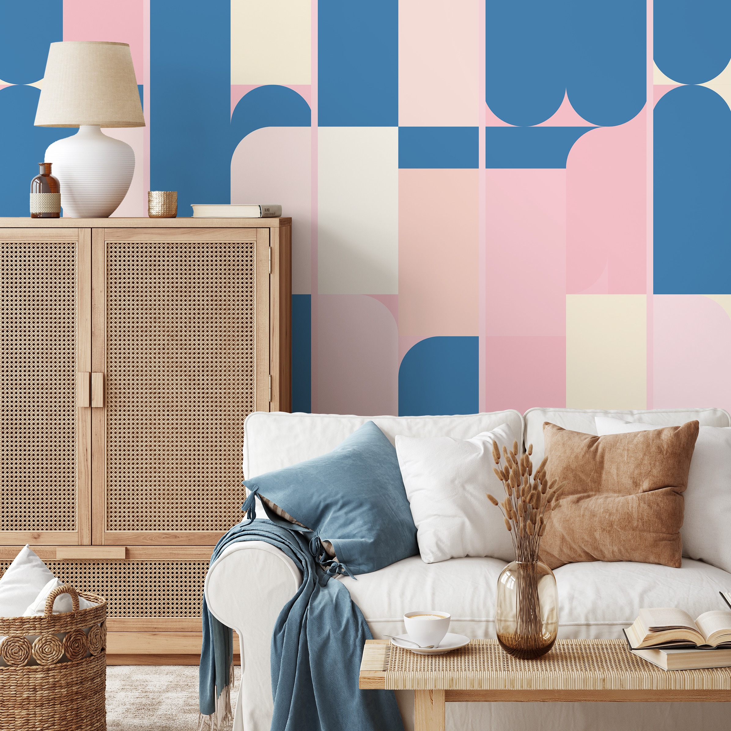 Geometric Wallpaper With Modern Block Shapes In Blue, Pink, And Cream - B411
