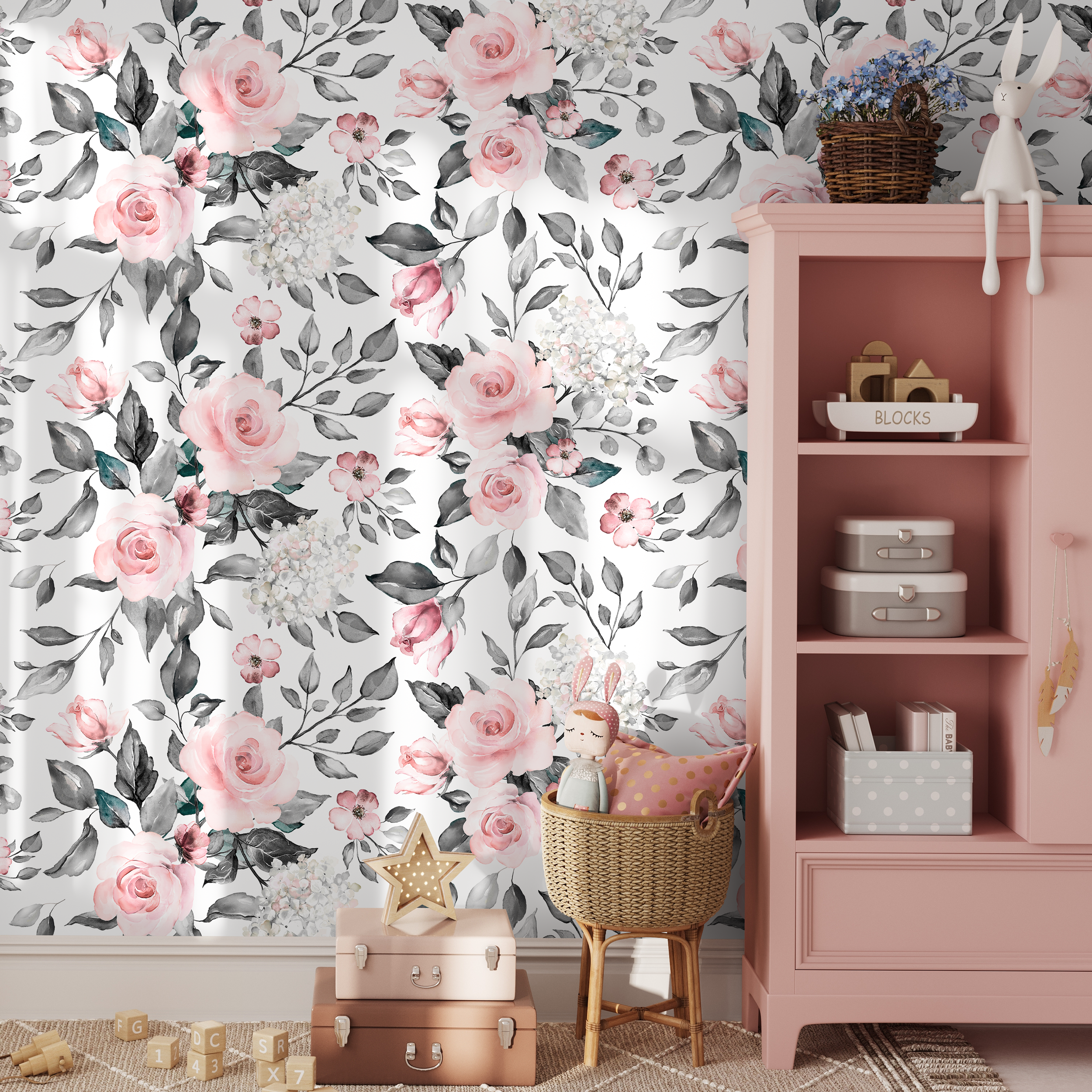 Floral Wallpaper Featuring Watercolor Roses In Pink And Grey - B413