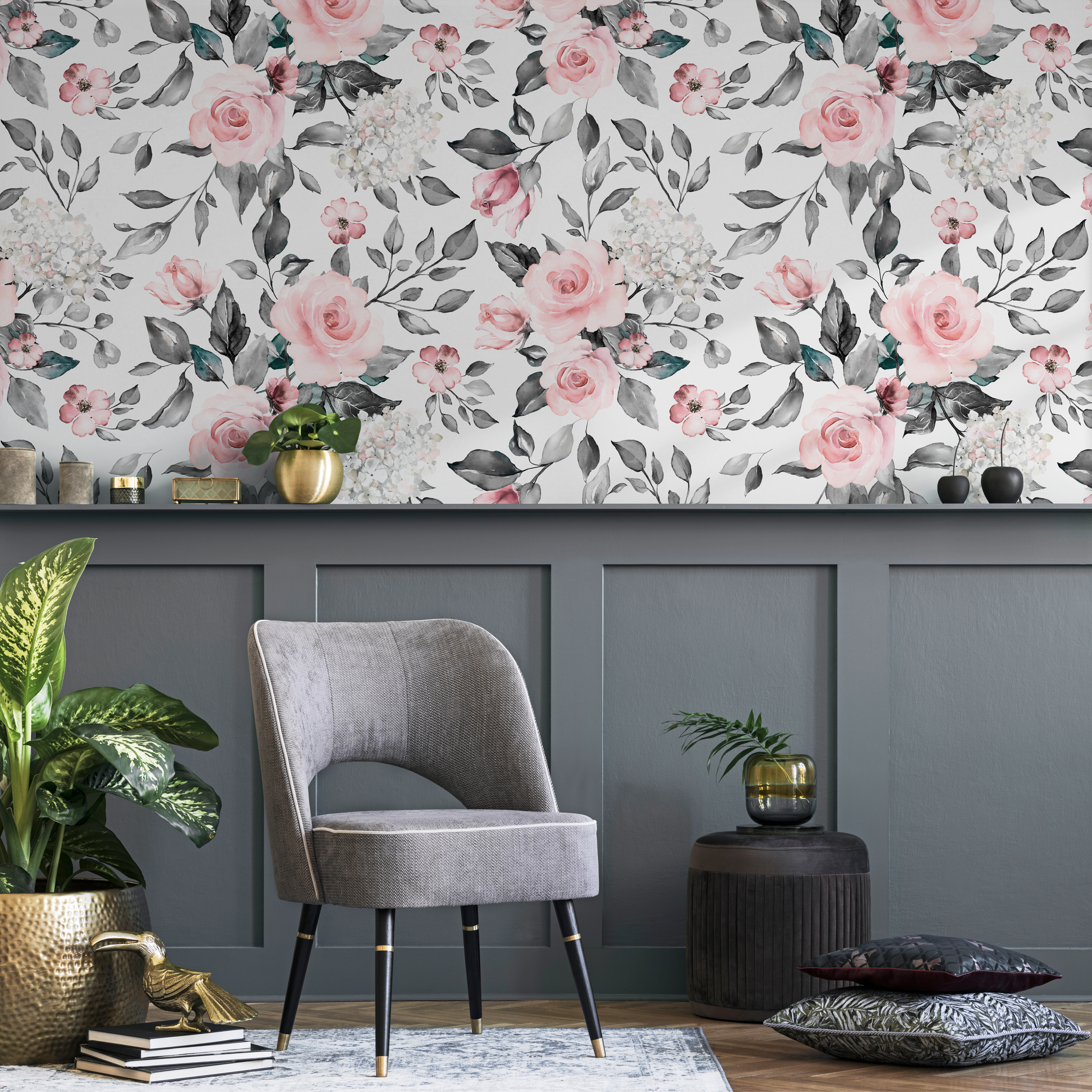 Floral Wallpaper Featuring Watercolor Roses In Pink And Grey - B413