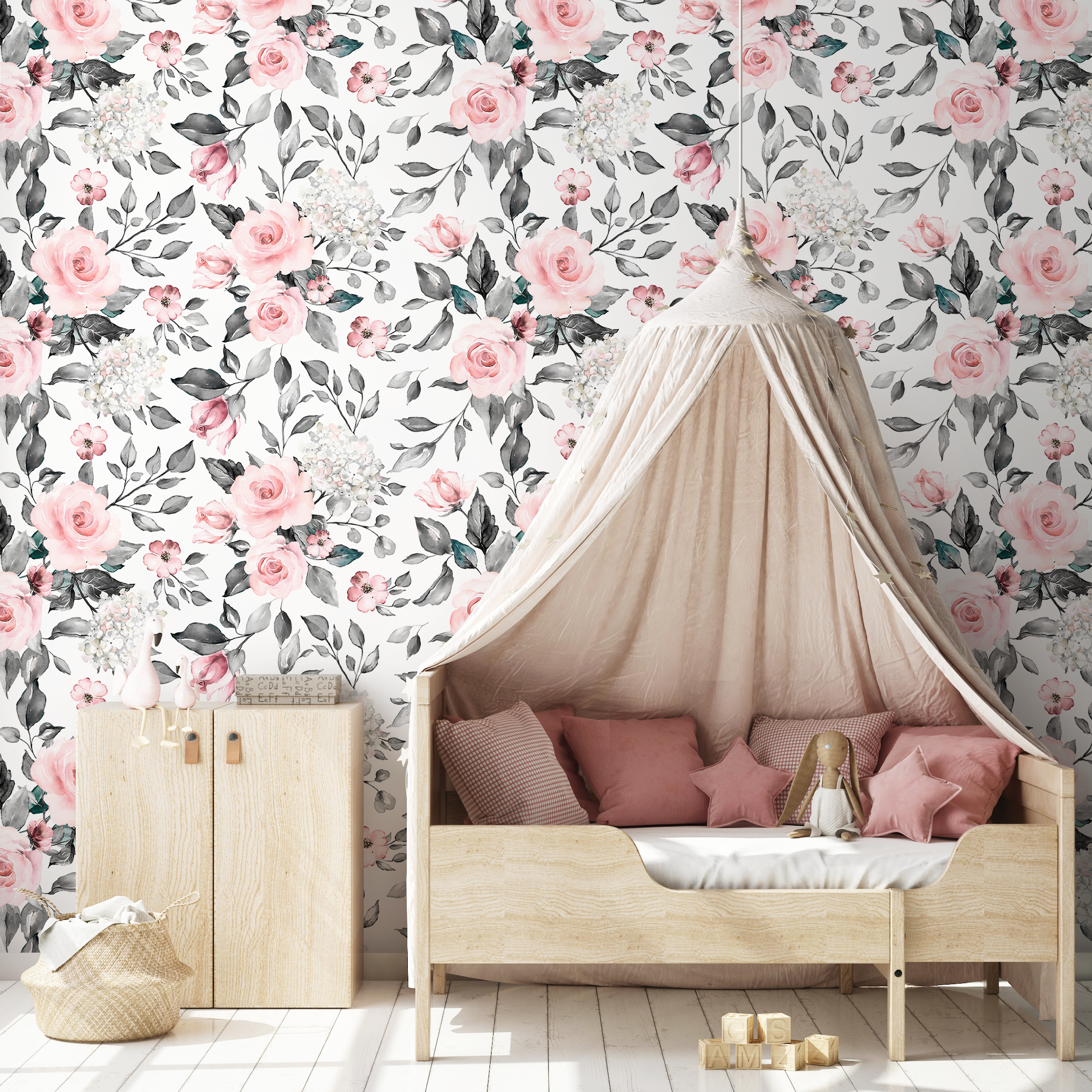 Floral Wallpaper Featuring Watercolor Roses In Pink And Grey - B413