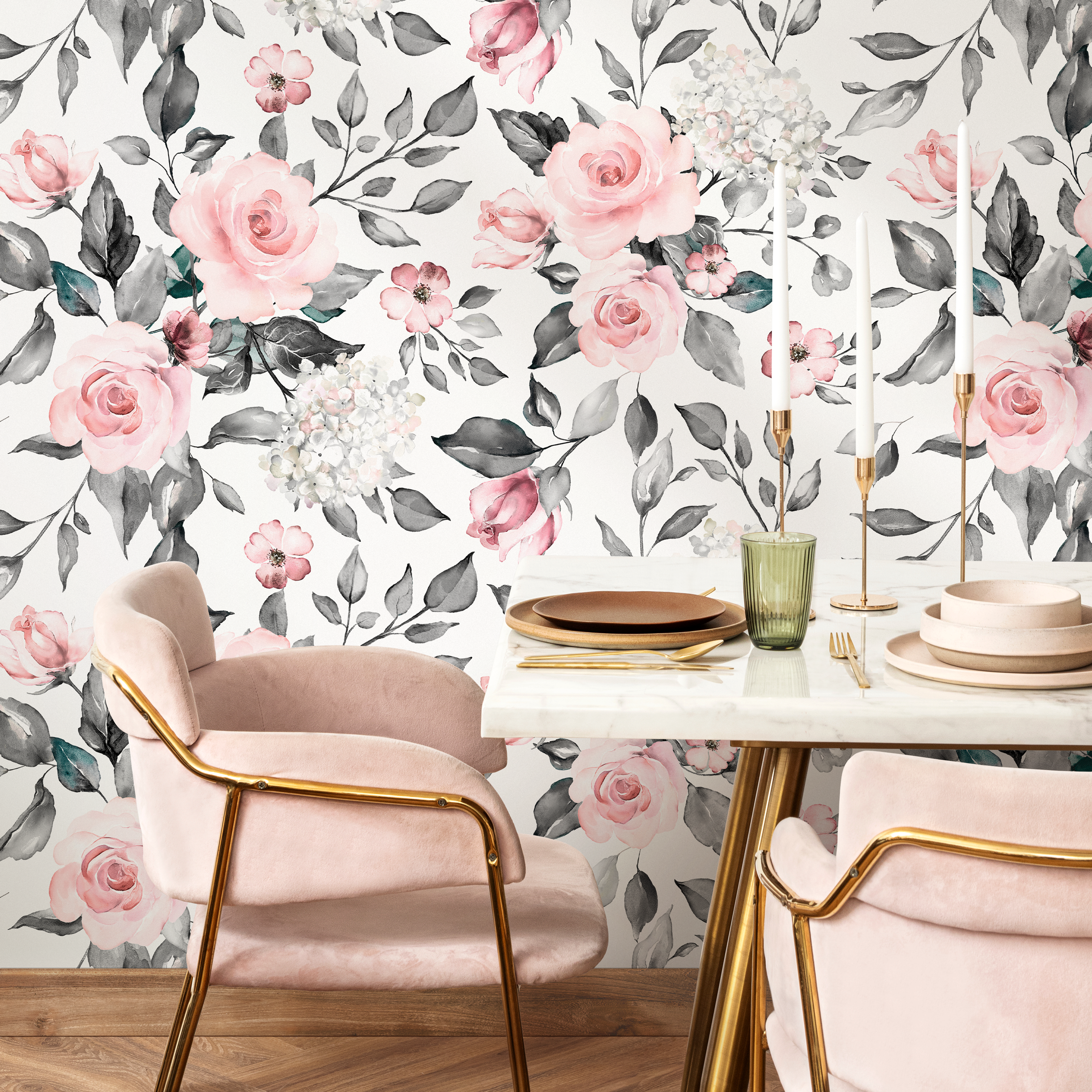 Floral Wallpaper Featuring Watercolor Roses In Pink And Grey - B413