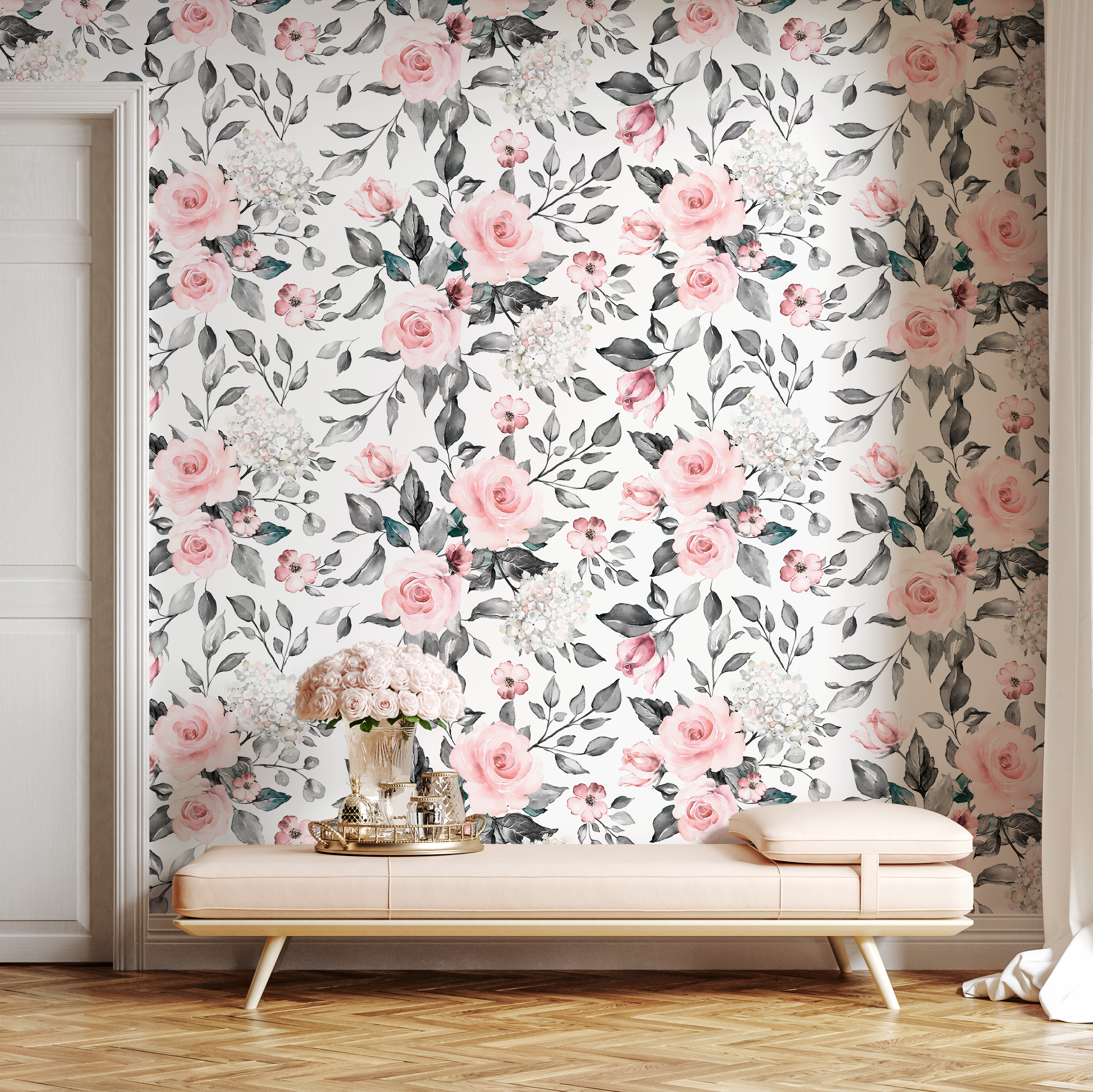 Floral Wallpaper Featuring Watercolor Roses In Pink And Grey - B413