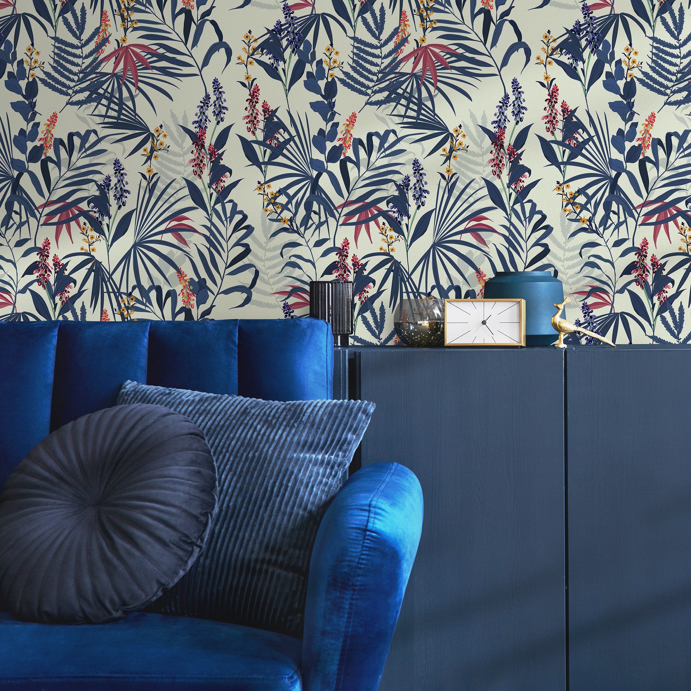 Botanical Wallpaper With Tropical Leaves And Flowers In Blue, Red, And Yellow - B414